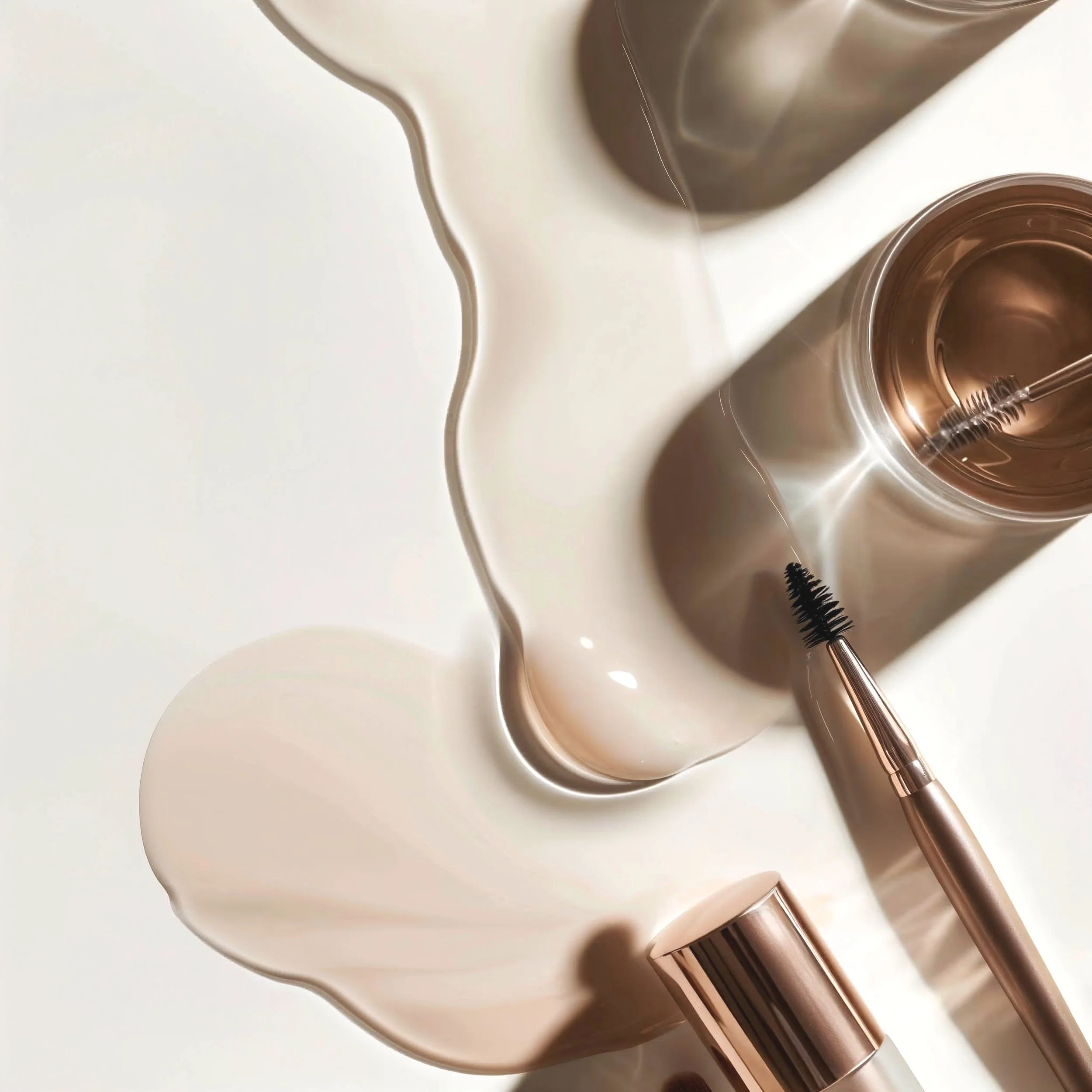 Cosmetic bottles and a mascara wand on a reflective surface with spilled cream or lotion.