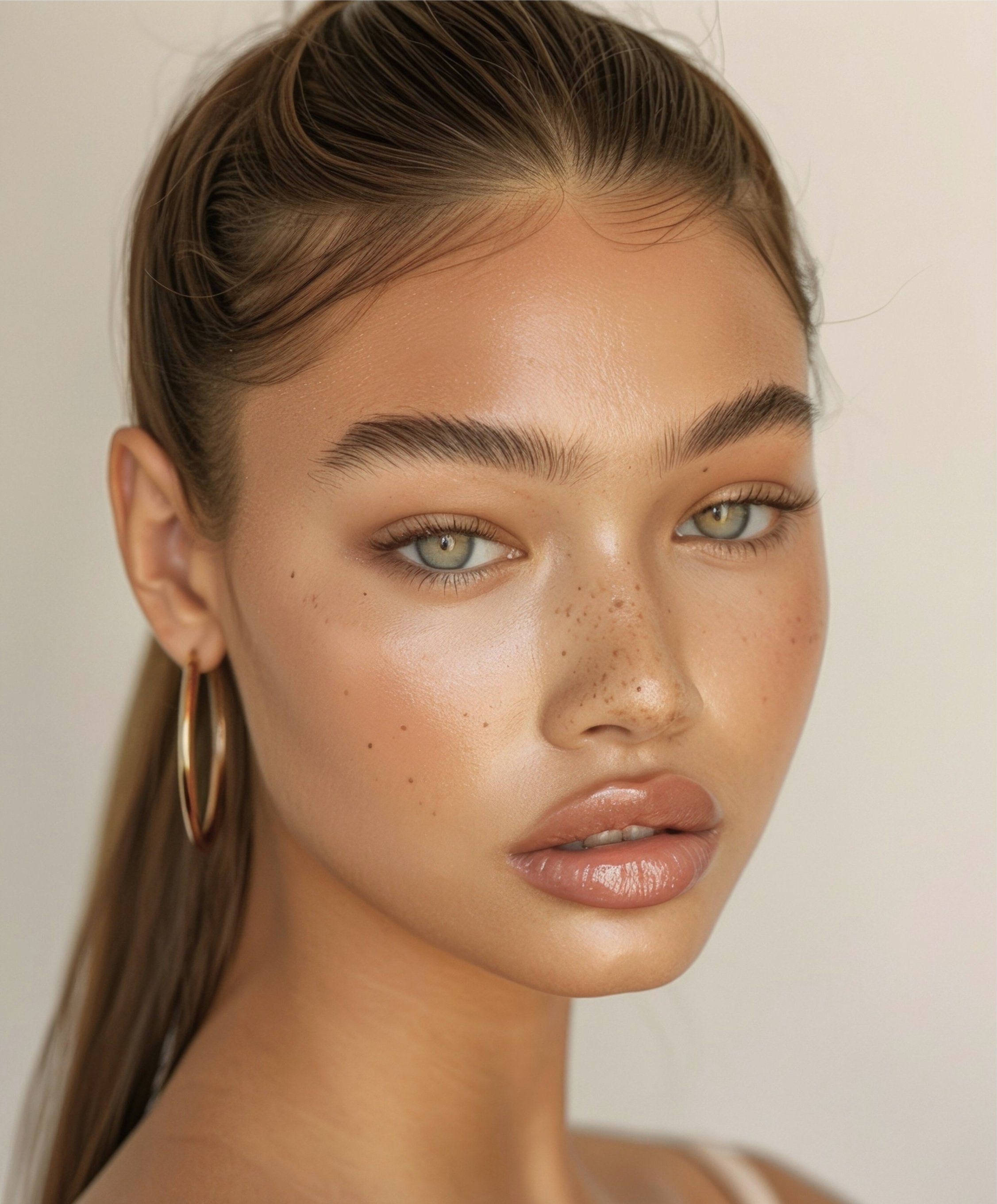 Close-up of a young woman with light skin, green eyes, freckles, and long blonde hair pulled back, wearing gold hoop earrings.