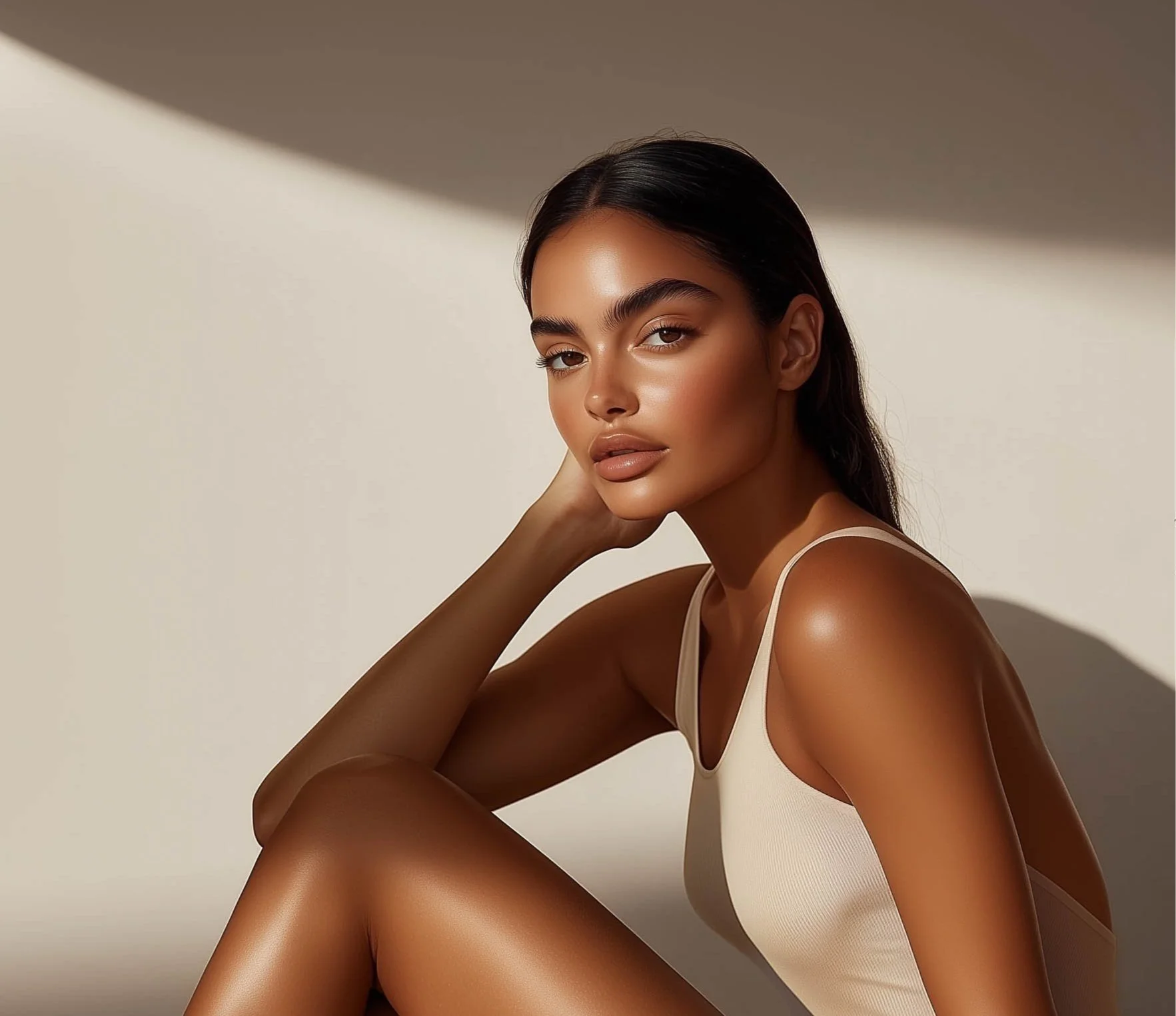 A woman with long dark hair and glowing skin sitting in front of a plain background with shadow, wearing a beige sleeveless top.