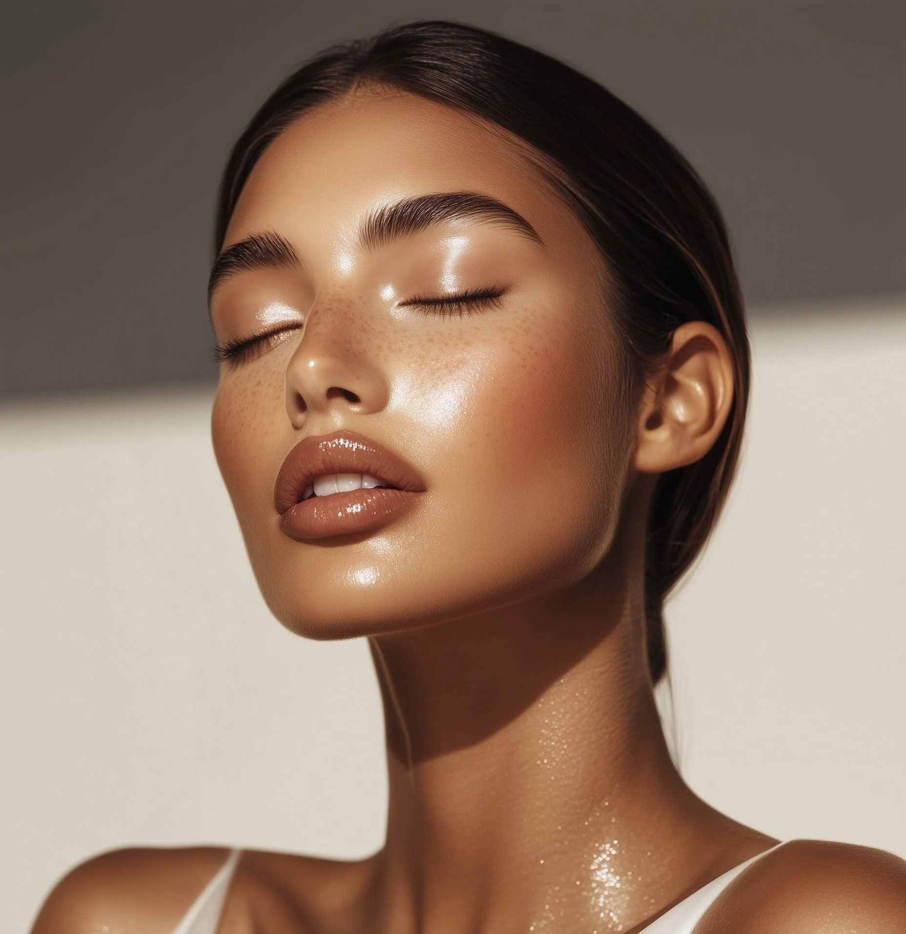 Close-up of a woman with flawless glowing skin and closed eyes, highlighting her eyebrows, freckles, and glossy lips.