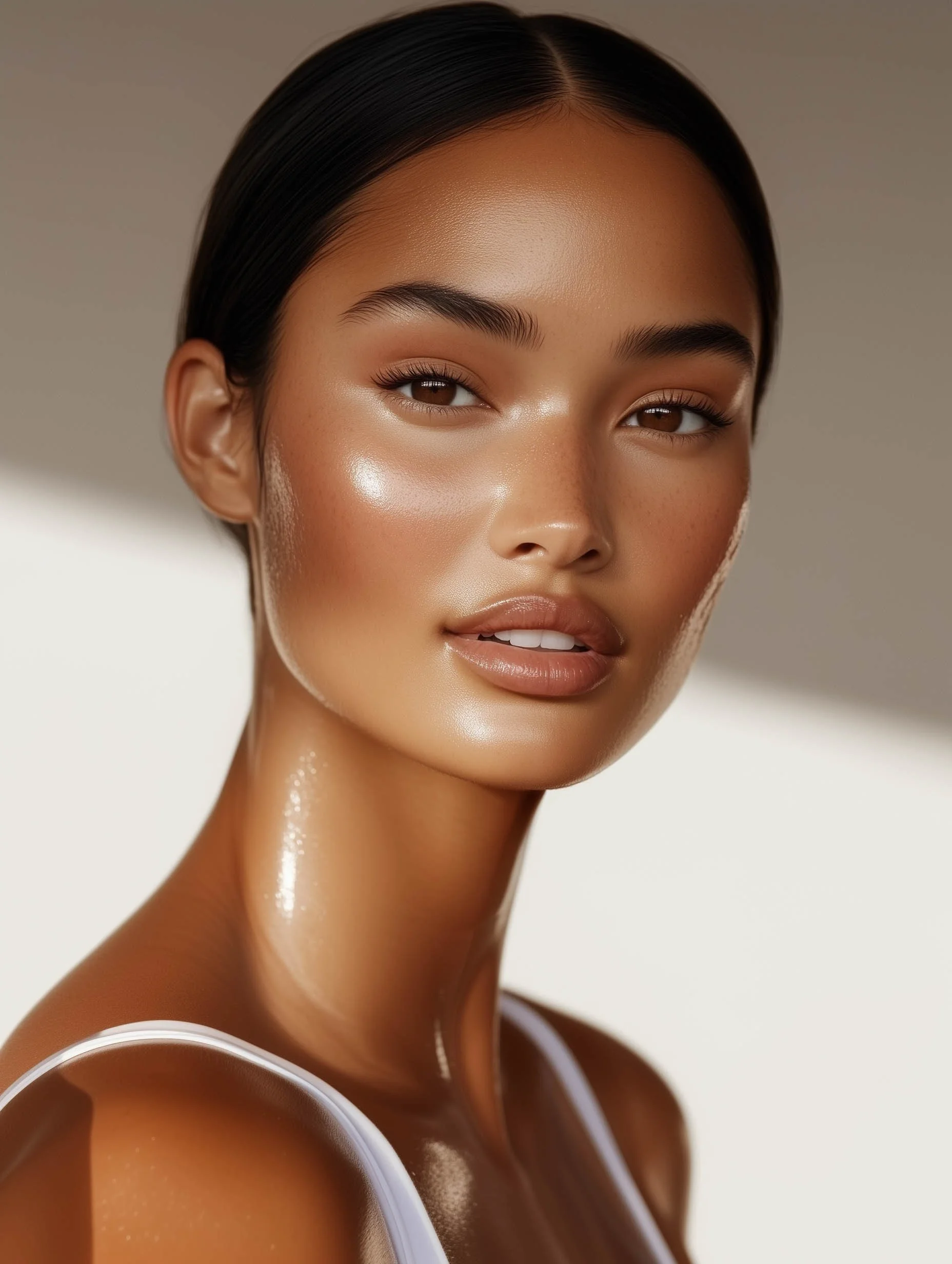 A close-up portrait of a woman with smooth, glowing skin, dark hair pulled back, and wearing a white strap top, looking confidently at the camera.
