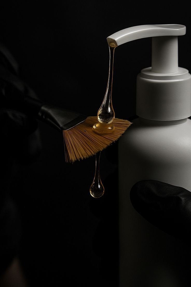 Close-up of a white soap dispenser with honey-like liquid dripping from its spout and a small fan-shaped object underneath, against a dark background.