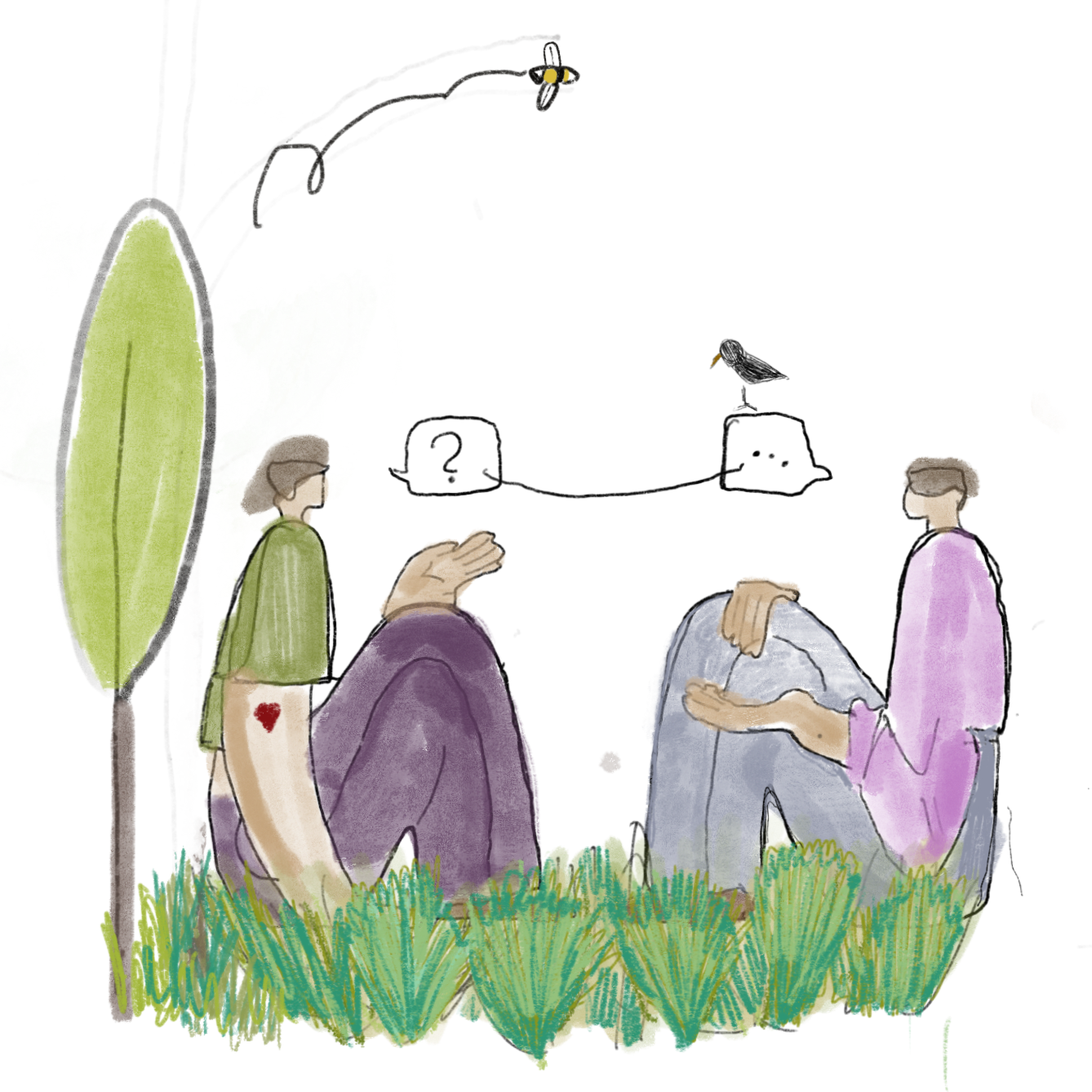 Illustratie van 2 mensen die op het gras zitten onder een boom, en met elkaar in gesprek zijn. Een vogeltje en een bijtje vliegen om hen heen.