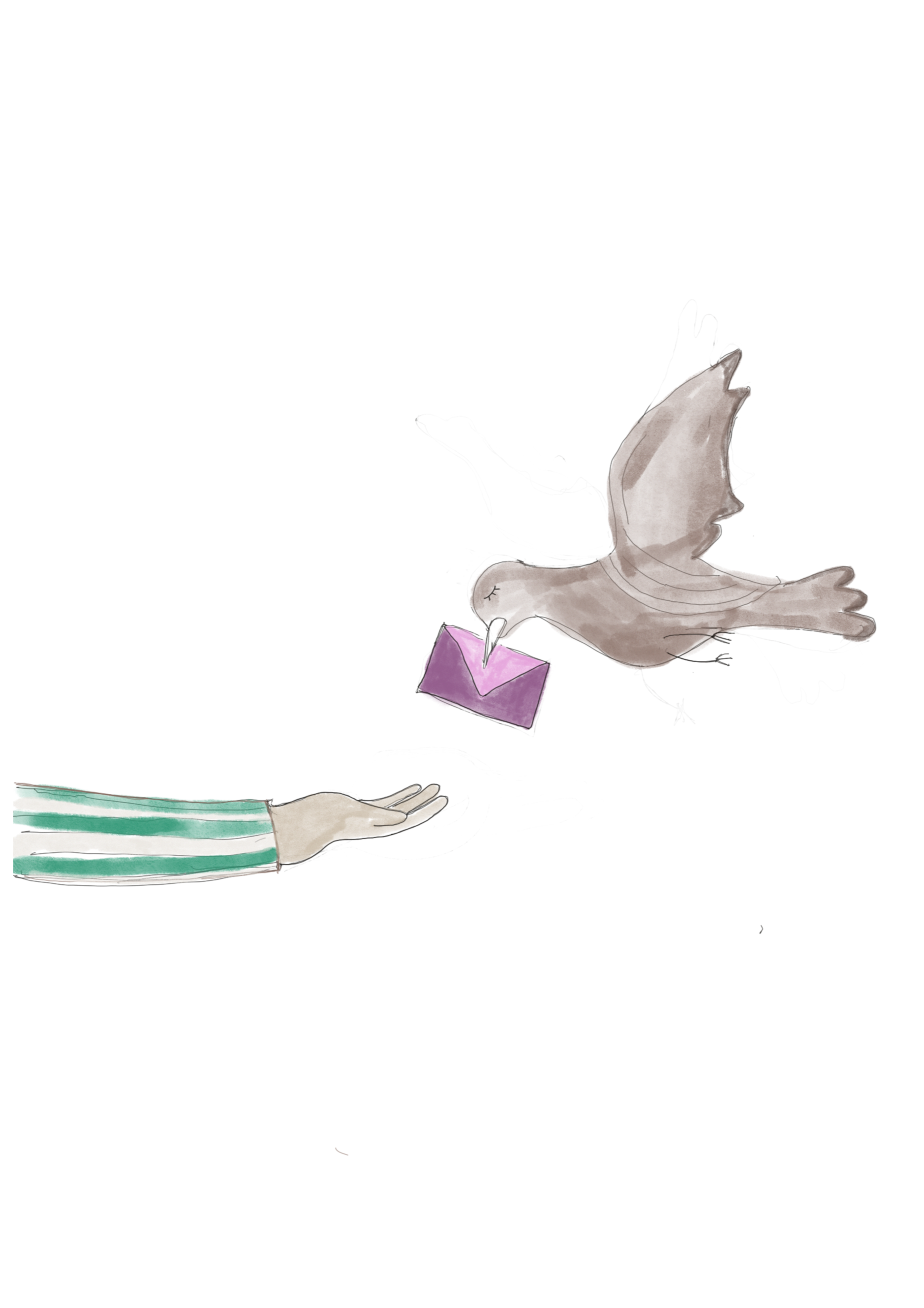 Illustratie van een open hand waar een duif met brief naartoe vliegt.