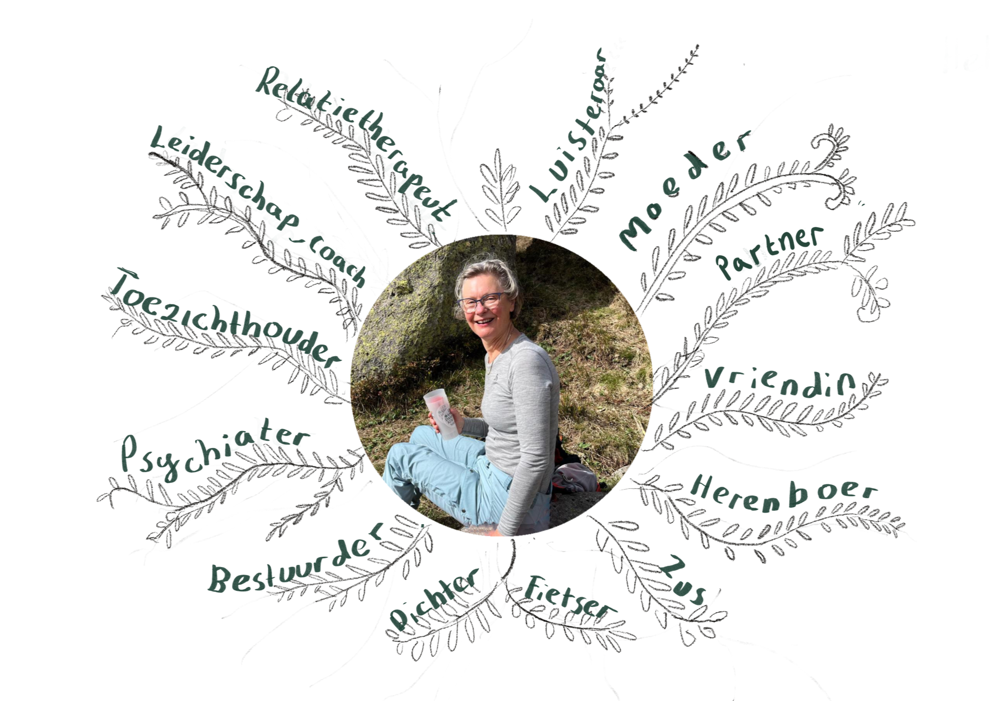 Illustratie van Joep Siteur. Zij heeft grijs haar, een bril, ze draagt wandelkleding en lacht naar de camera. Als stralen om haar heen zijn veel verschillende rollen die zij heeft geschreven.