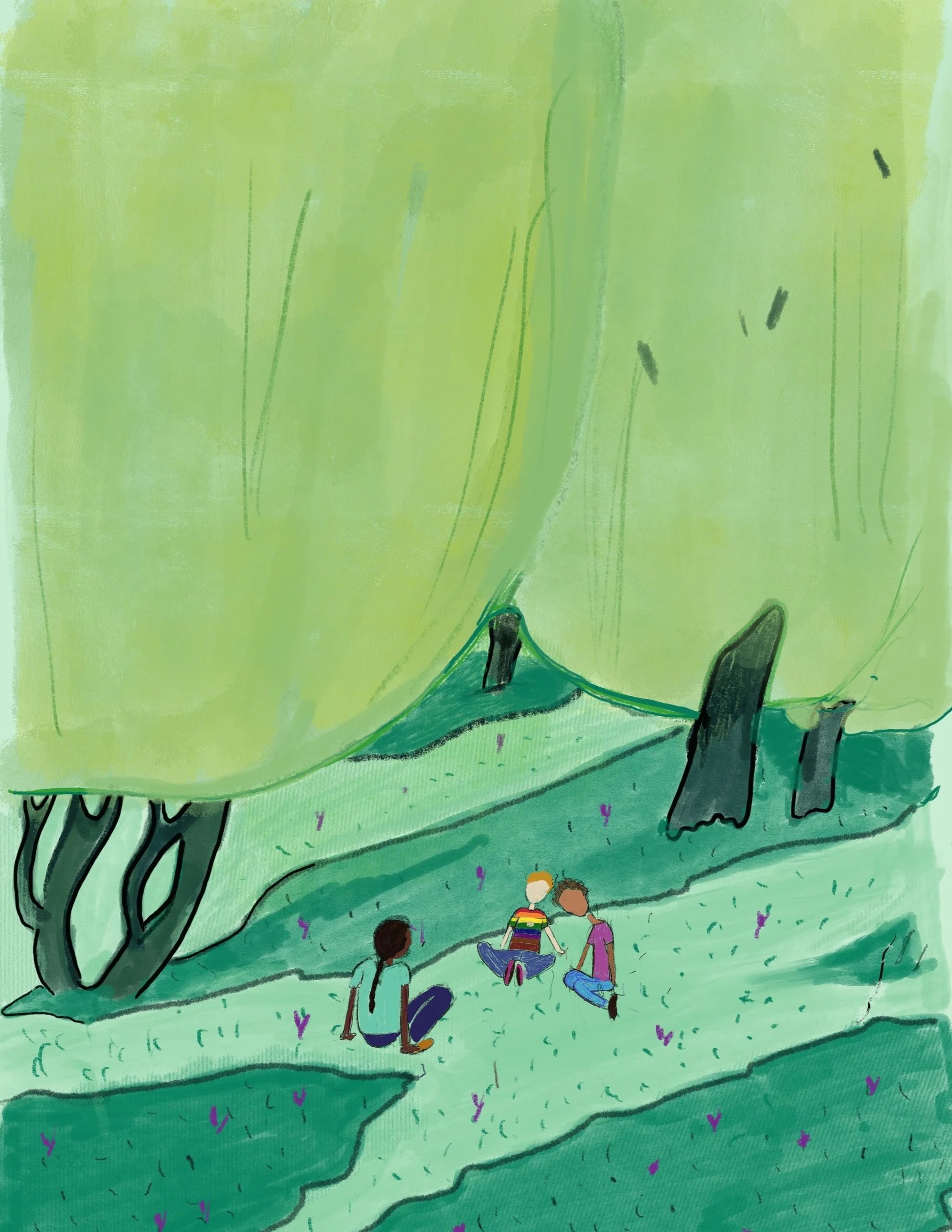 Drie mensen met verschillende achtergrond zitten op een grasveld onder grote bomen met groene bladeren. Een vredig tafereel.