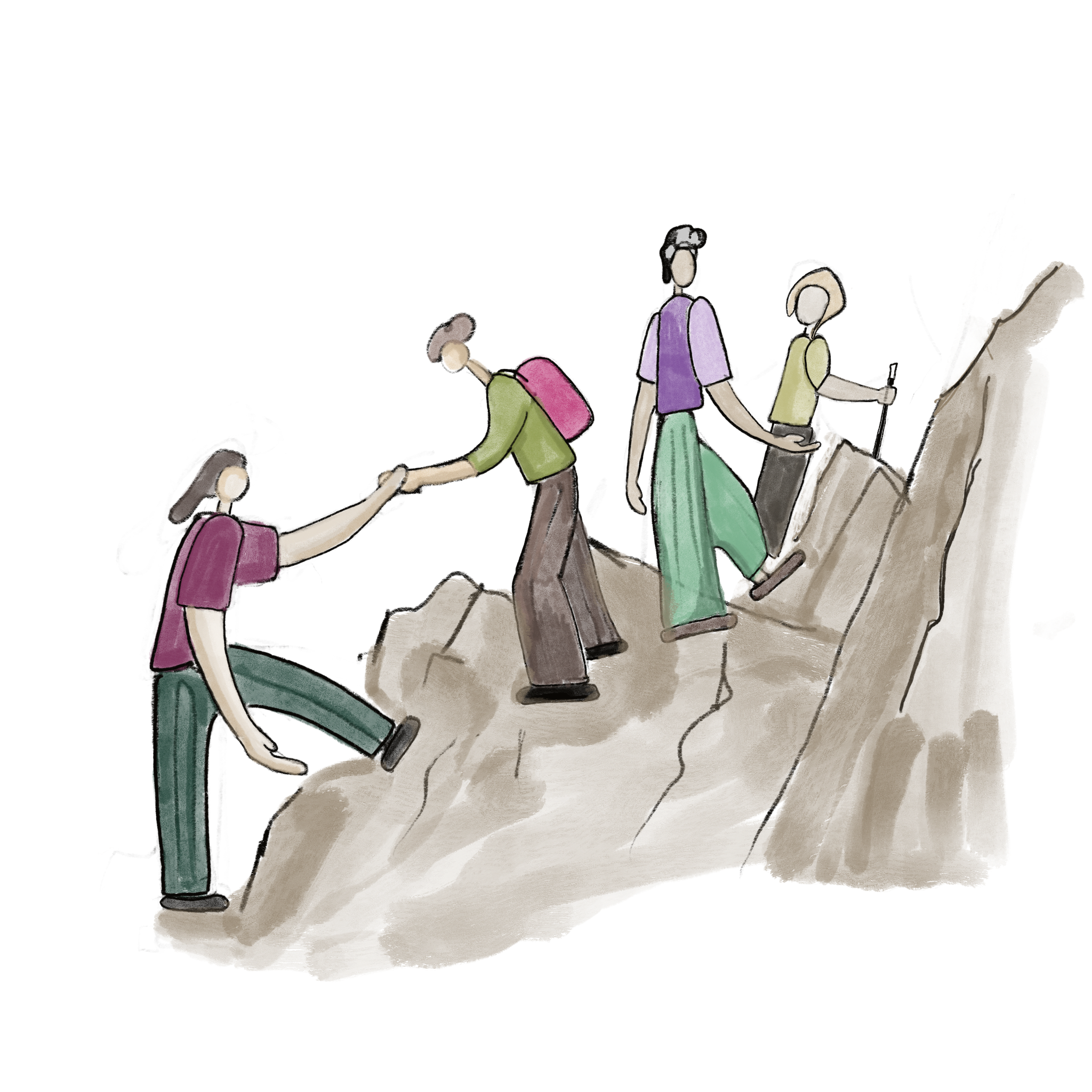 Illustratie van vier mensen op een steil bergpad, waarbij een persoon een ander helpt, en twee anderen alvast vooruit lopen en verkennen.