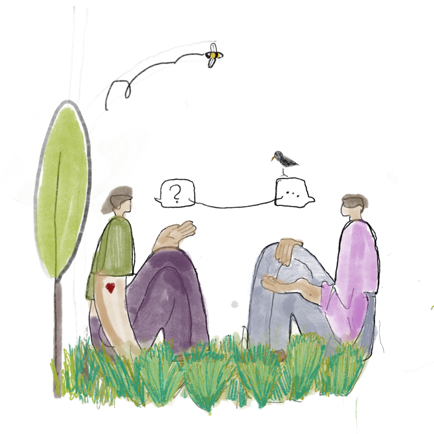 Illustration of four people sitting on grass under a tree, having a conversation, with a night sky and a moon in the background.
