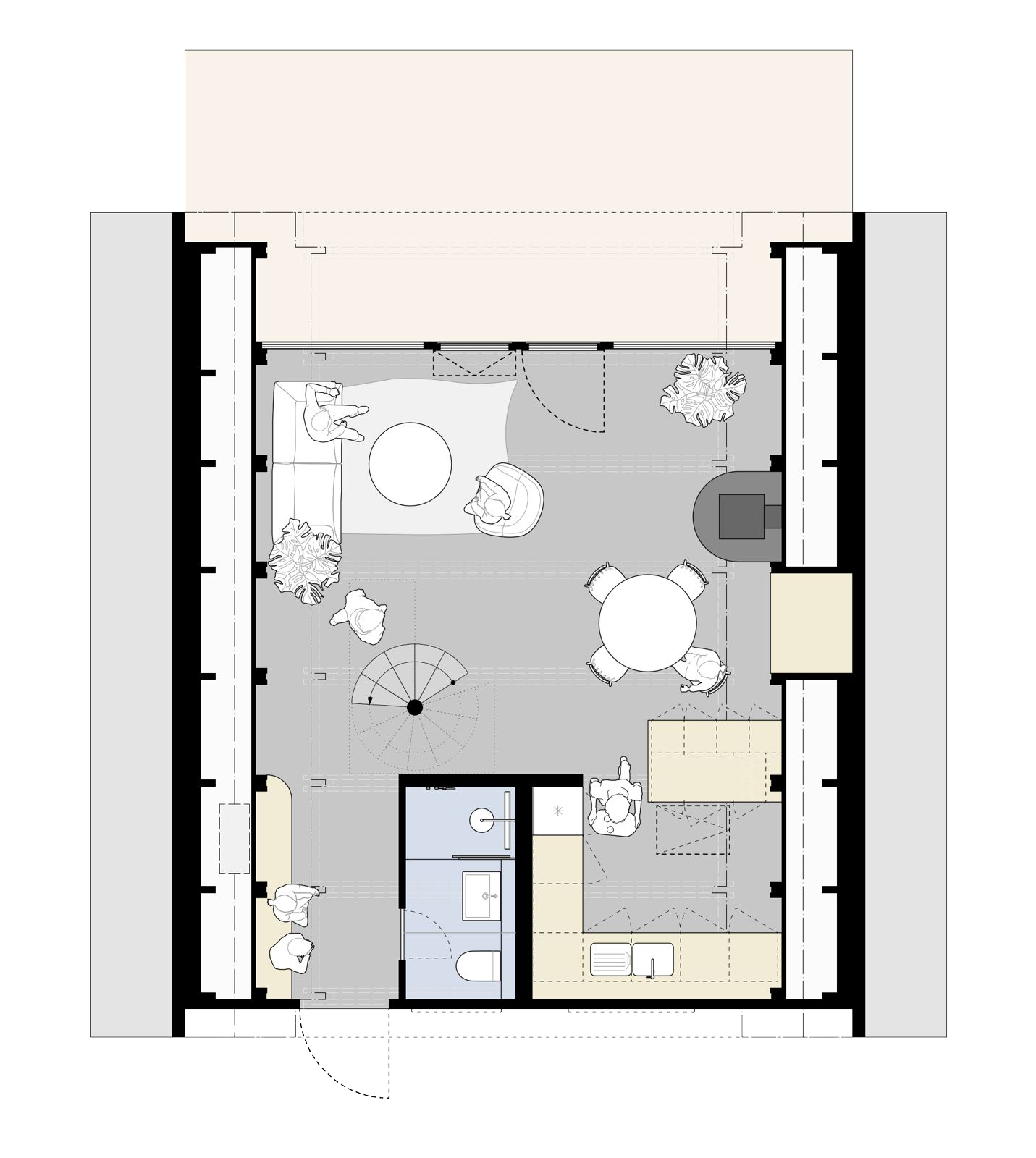 Grundriss eines Wohnhauses mit Wohnzimmer, Küche, Badezimmer, Flur und Schlafzimmer, eingerahmt von Außenmauern und Fensteröffnungen.