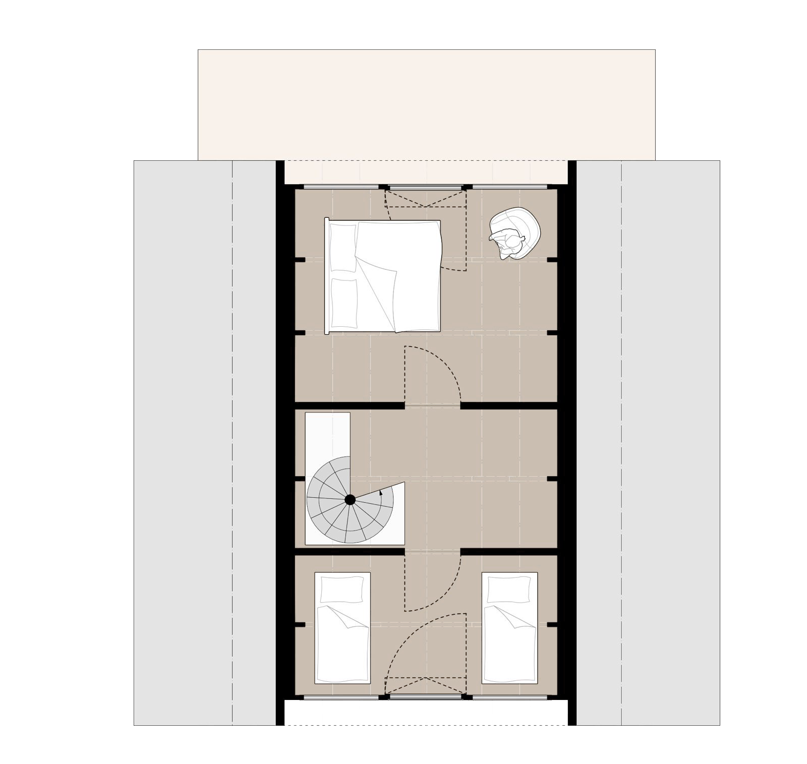 Grundriss eines Hauses mit mehreren Schlafzimmern, einem Treppenhaus und einem Balkon.