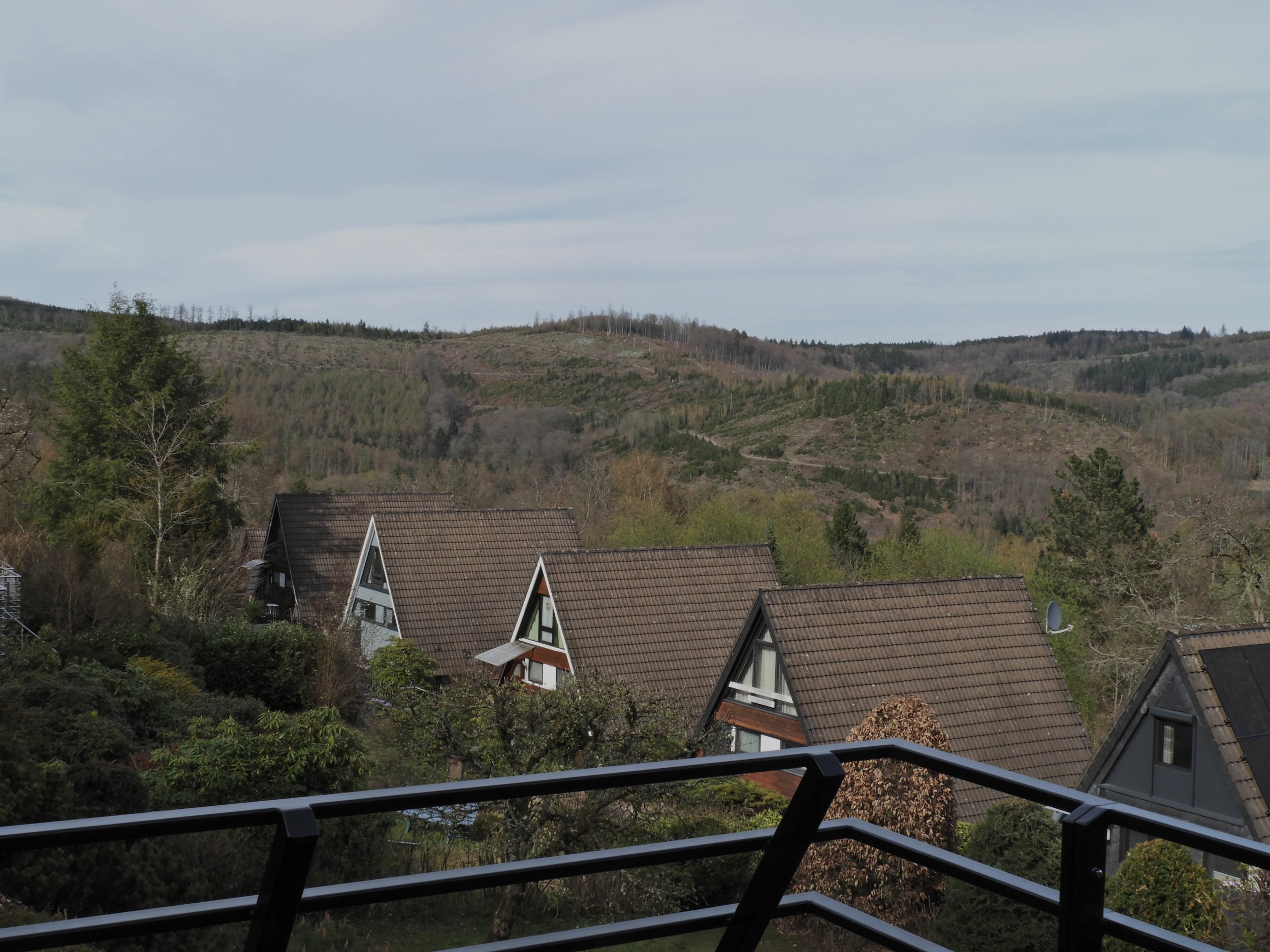 Blick vom Balkon auf Häuser mit Schrägdächern und eine bewaldete Hügellandschaft mit leicht bewölktem Himmel.