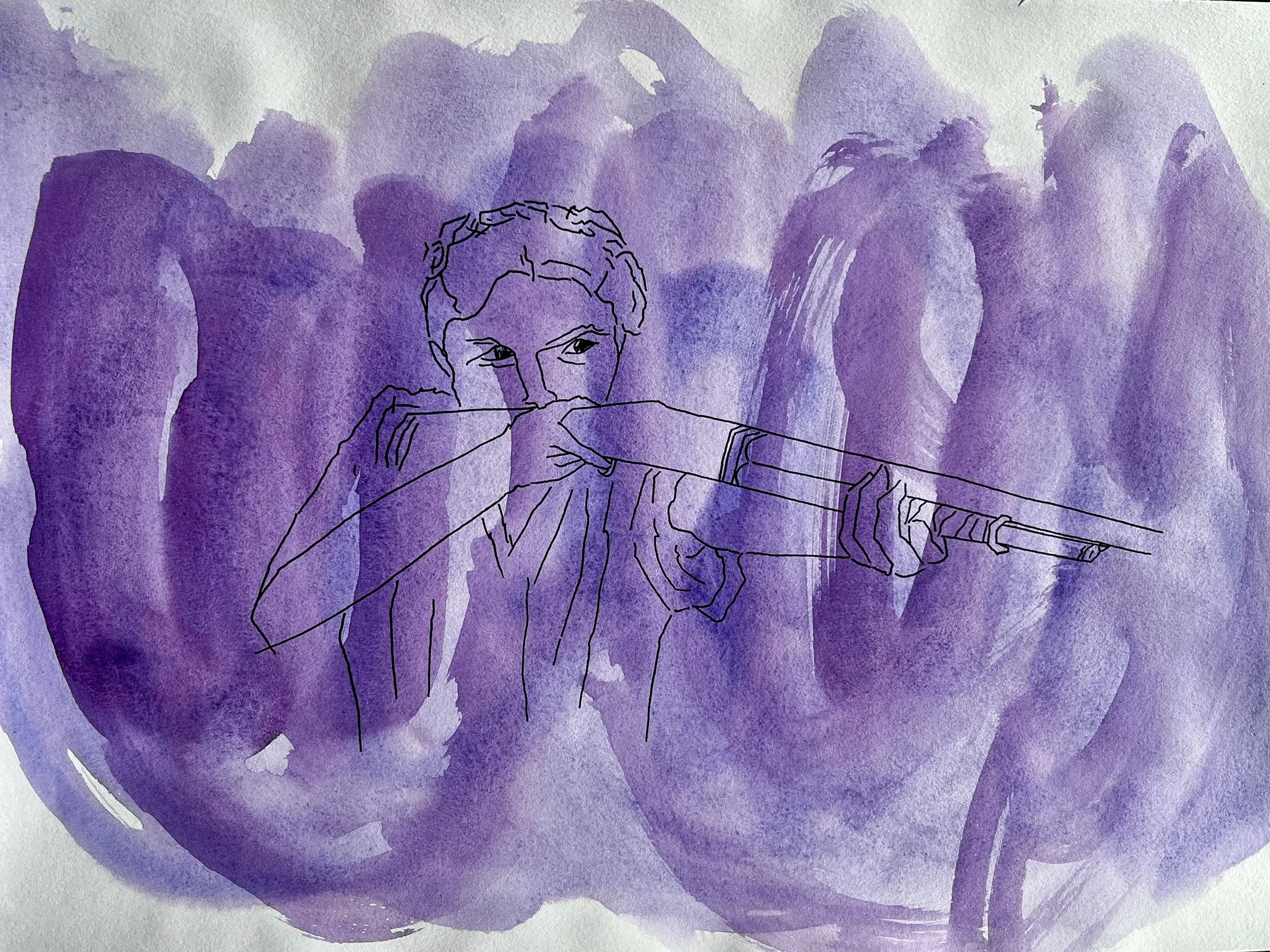 The night of the hunter -aquarelle, feutre (29,7X42) 2025