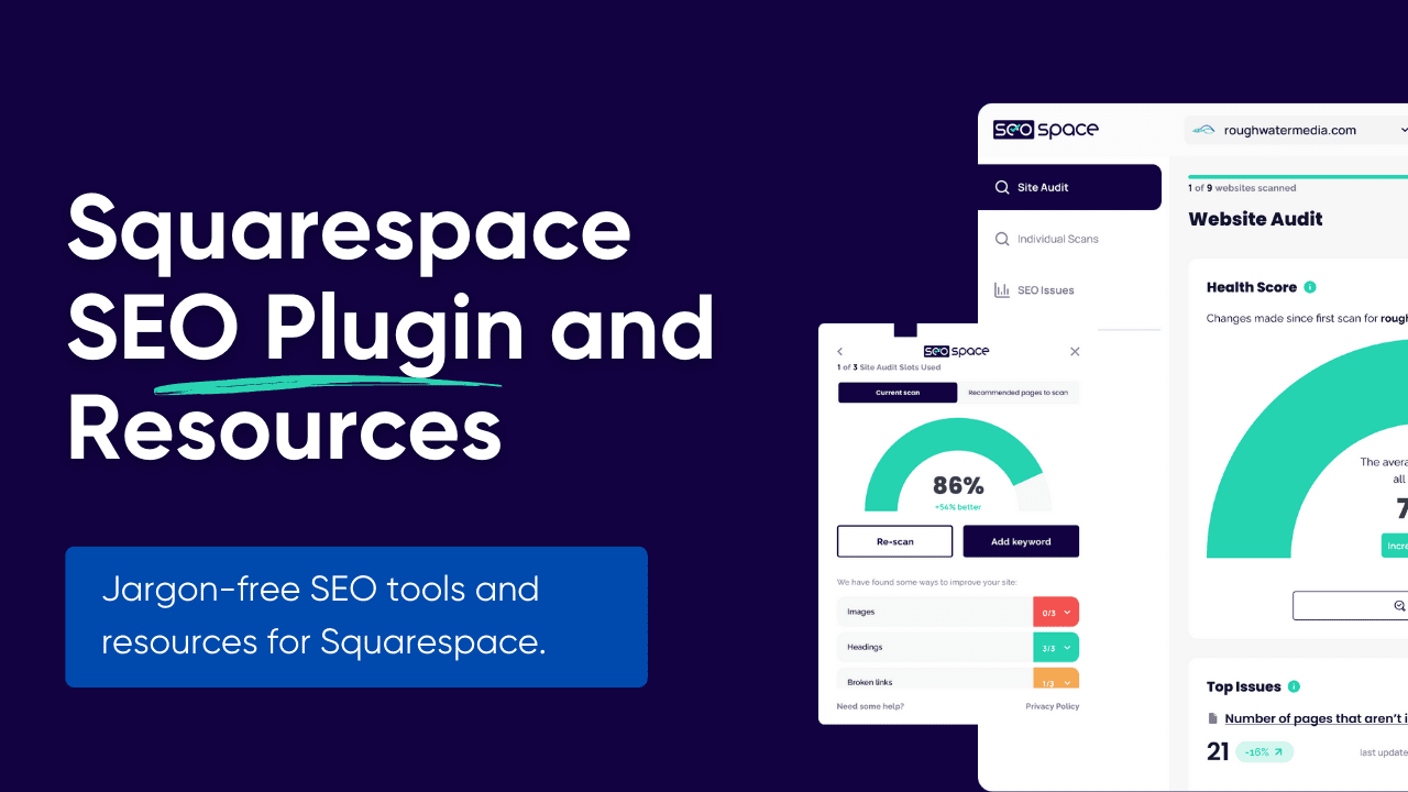 Screenshot of a web page promoting Squarespace SEO plugin and resources, featuring analytics dashboards, site audit, health scores, and SEO issues.