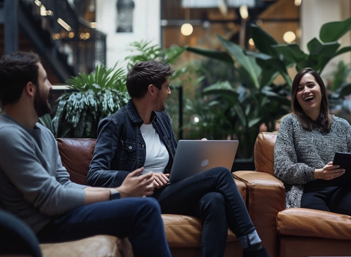 Three friends sitting on a leather couch in a modern indoor space, engaging in conversation and laughing, surrounded by green plants.