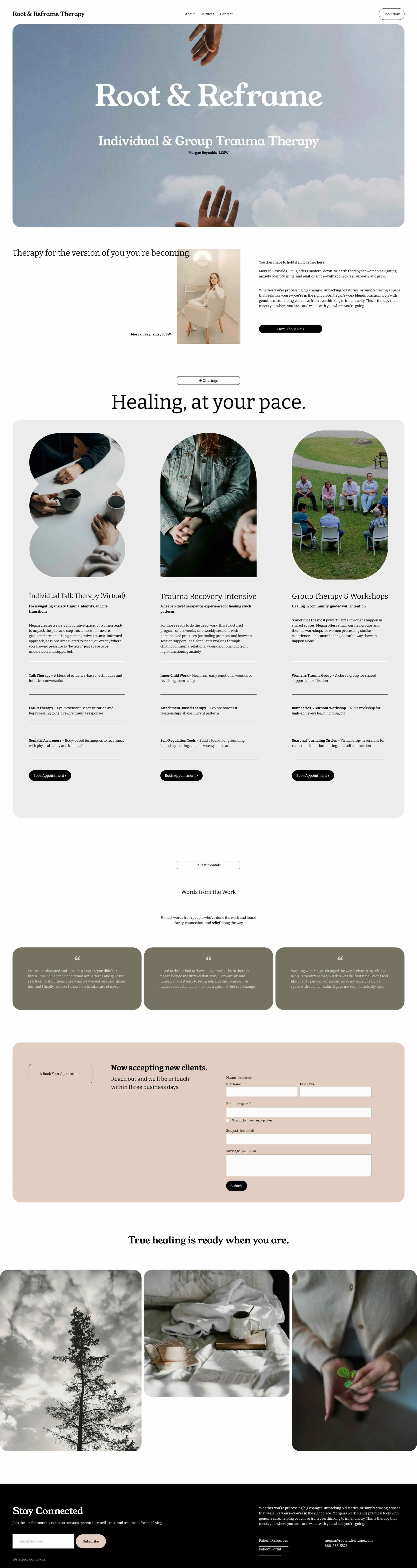 Squarespace website design mockup for Root & Reframe, an individual and group trauma therapy practice, featuring a calming blue and neutral aesthetic created by Knight Theory™.