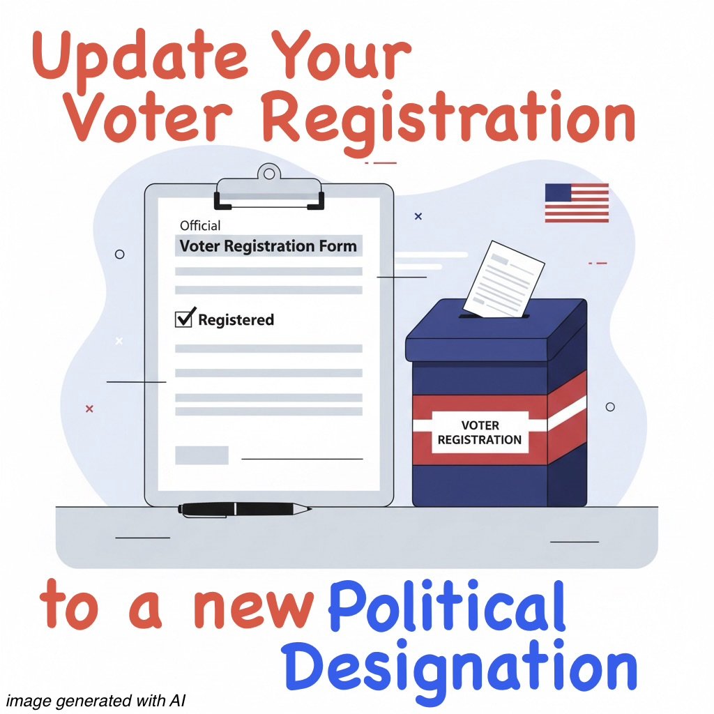 Update your voter registration to a new political designation (with image of form and ballot box)