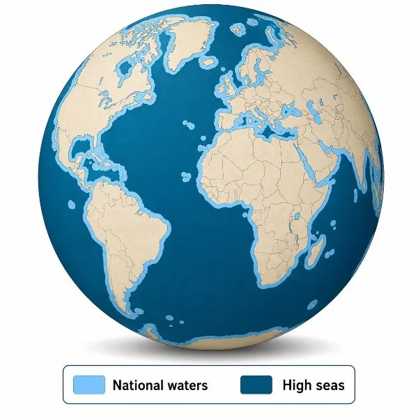 graphic showing globe with national waters and high seas