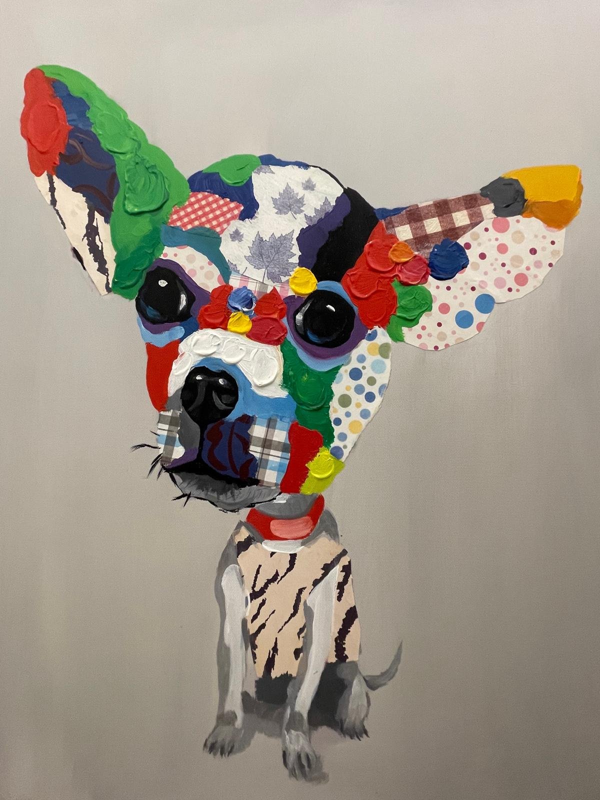 Mixed media painting of a dog, possibly a Great Dane, with colorful patches, patterns, and textures resembling fabric and paint, against a plain background.