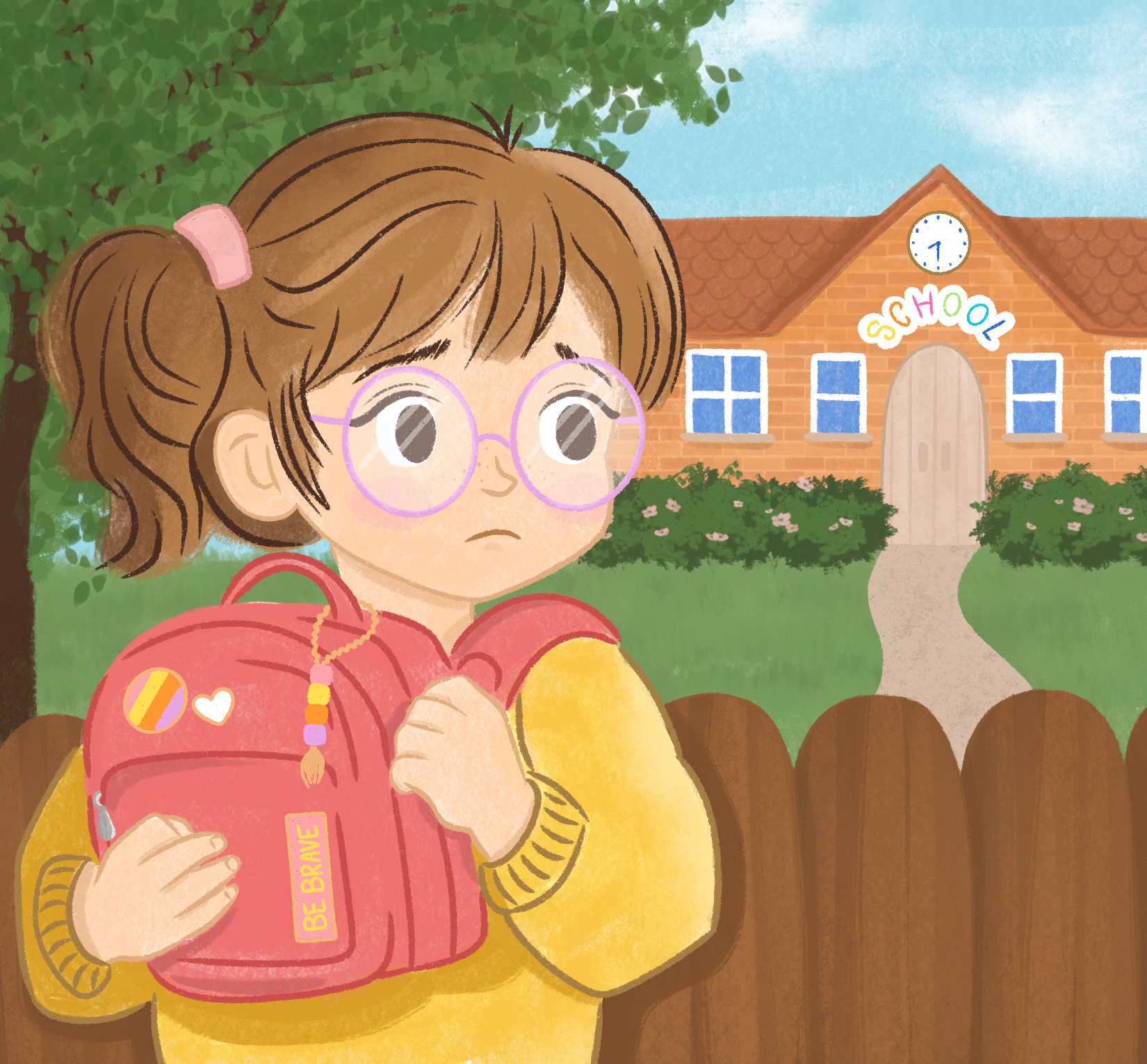 A young girl with brown hair in a ponytail, wearing pink glasses, a yellow long-sleeve shirt, and a red backpack, stands outside a school building with a clock and colorful sign reading 'SCHOOL' in the background.
