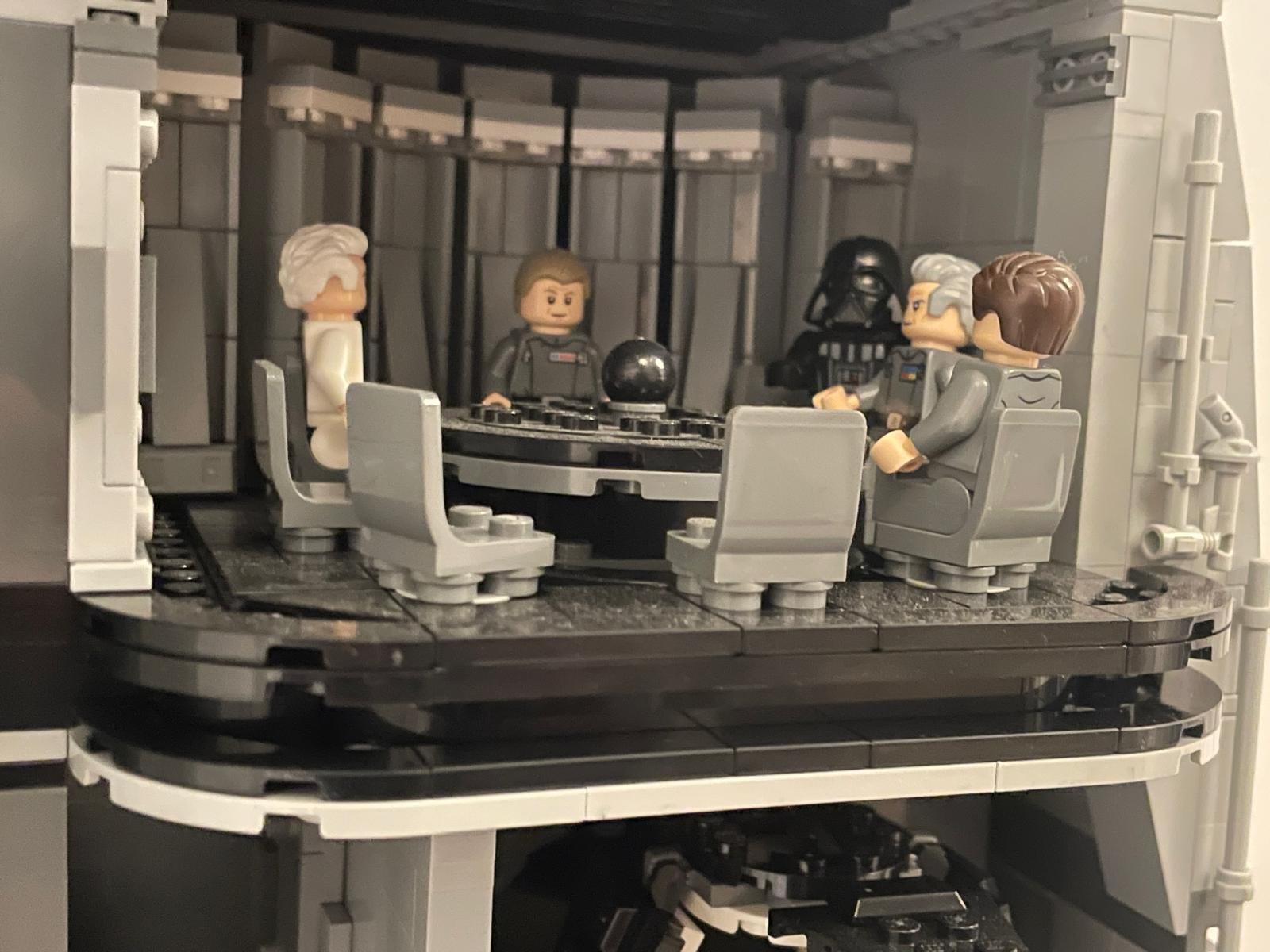 LEGO model of the Death Star conference room with minifigures from Star Wars.