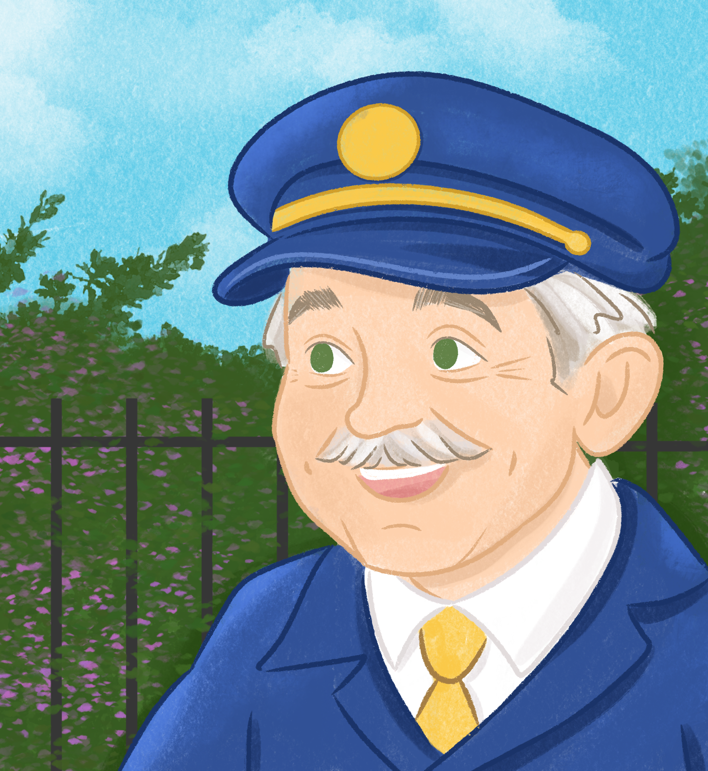 A cheerful older man with gray hair and a mustache, wearing a blue hat with a yellow emblem, a blue suit, and a yellow tie, standing outdoors with a black fence and green trees with purple flowers in the background.
