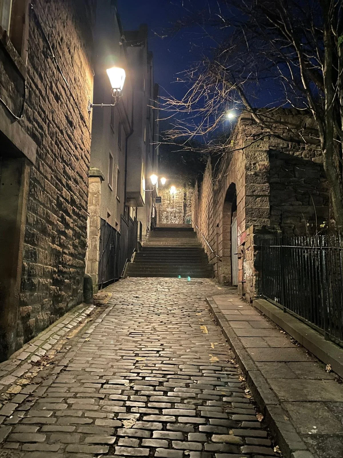 Cobblestone street at night with steps leading up and old brick and stone buildings on either side, illuminated by street lamps.