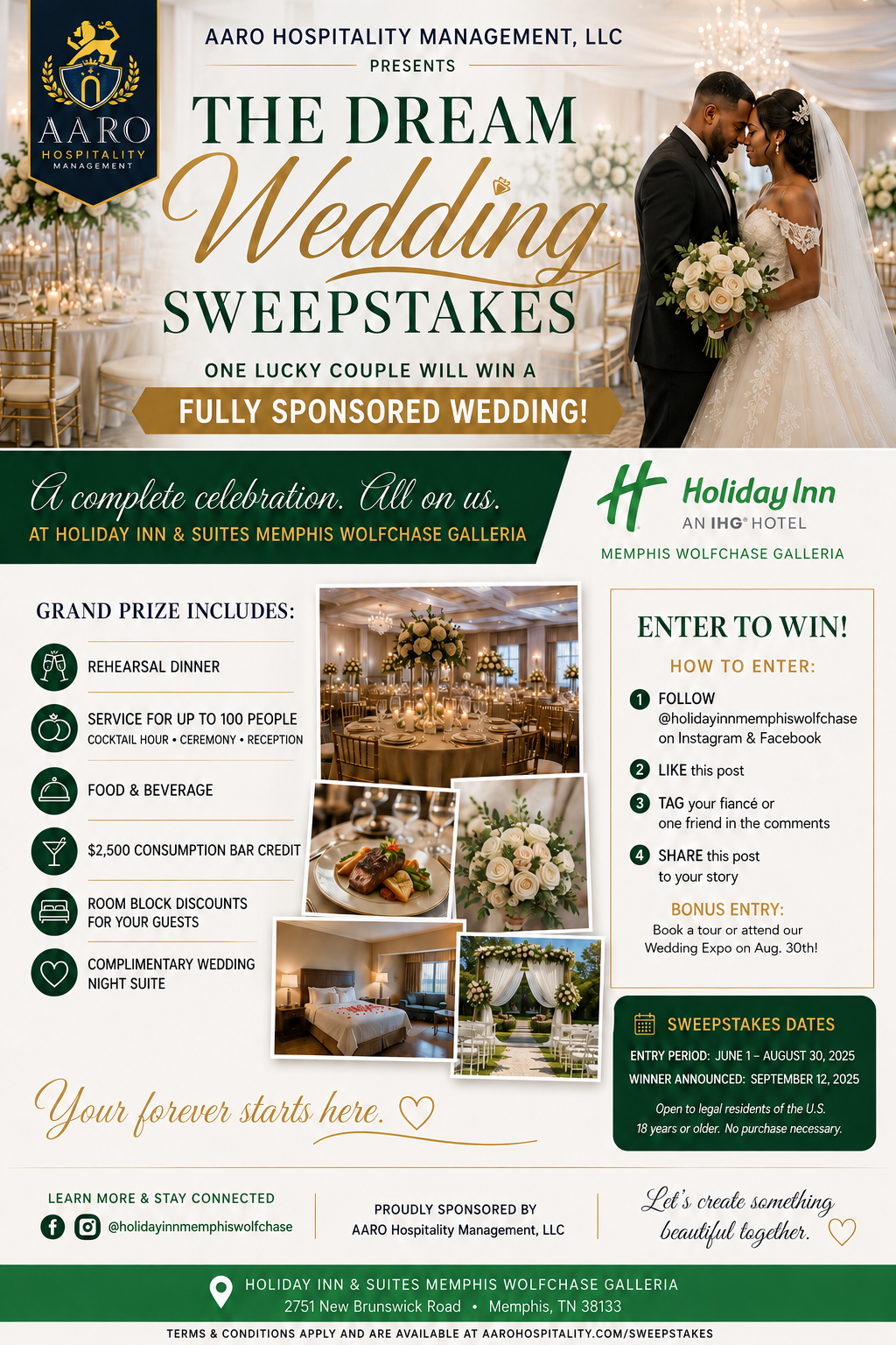 Flyer for a wedding sweepstakes presented by AARO Hospitality Management LLC, featuring a bride and groom, event details, prizes, and entry instructions at Holiday Inn Memphis Wolfchase Galleria.