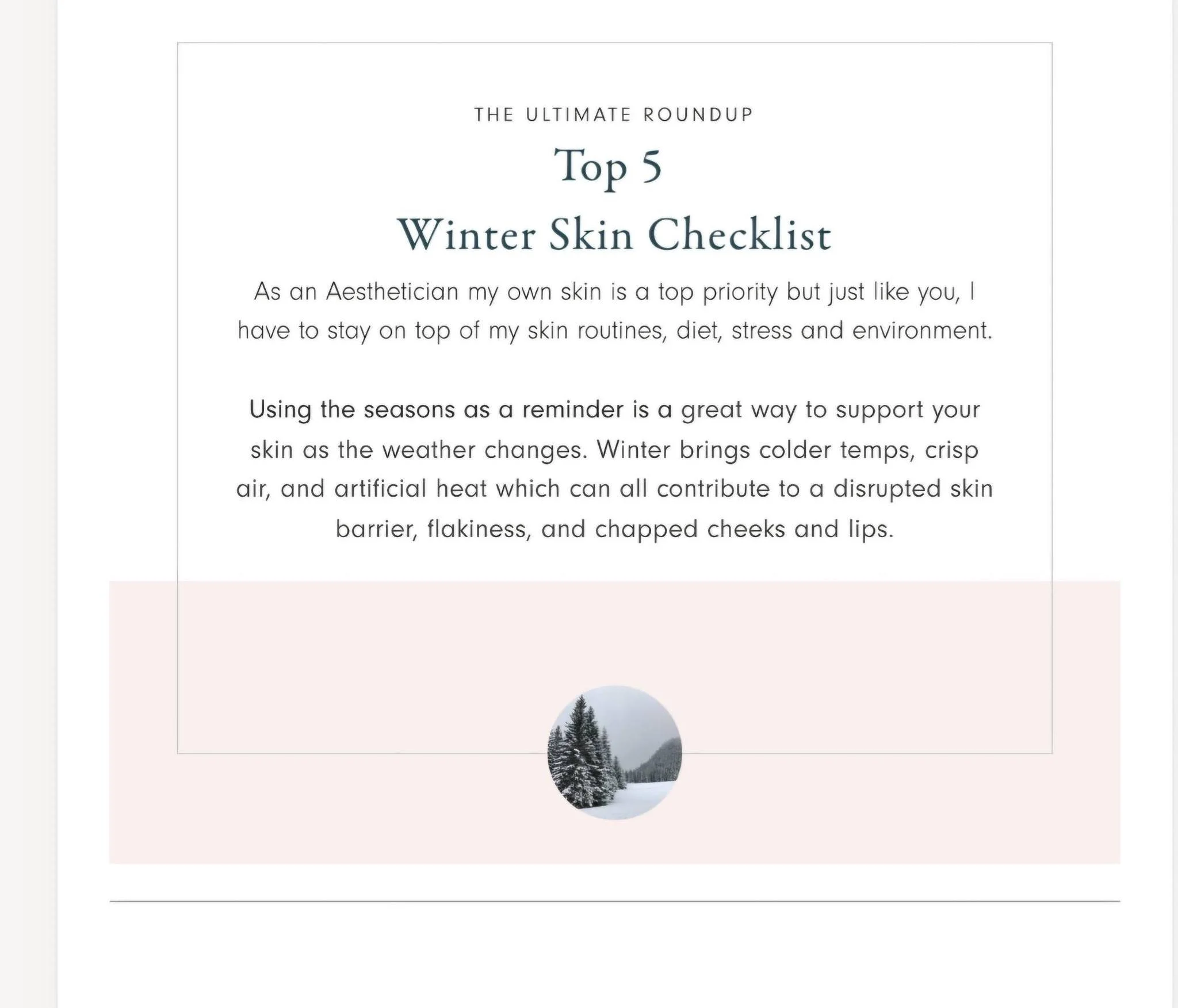 A skincare article titled 'Top 5 Winter Skin Checklist' with a snow-covered trees and mountain landscape image centered at the bottom, on a pink background