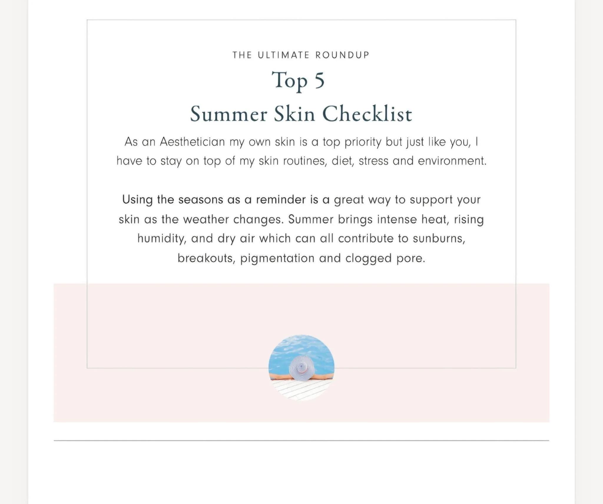 A skincare article titled 'Top 5 Summer Skin Checklsit.