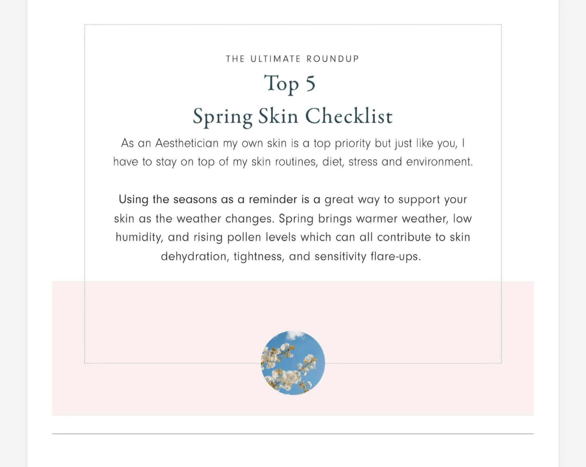 A digital document titled 'Top 5 Spring Skin Checklist'  