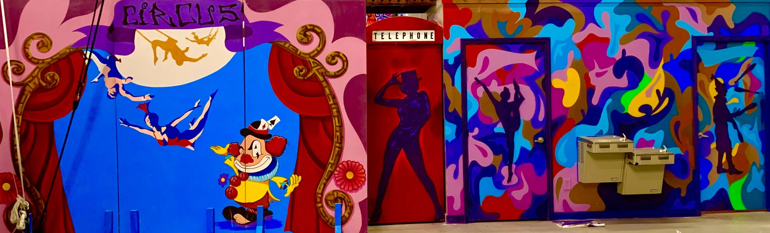 Circus set phone booth and bathroom area stylized 