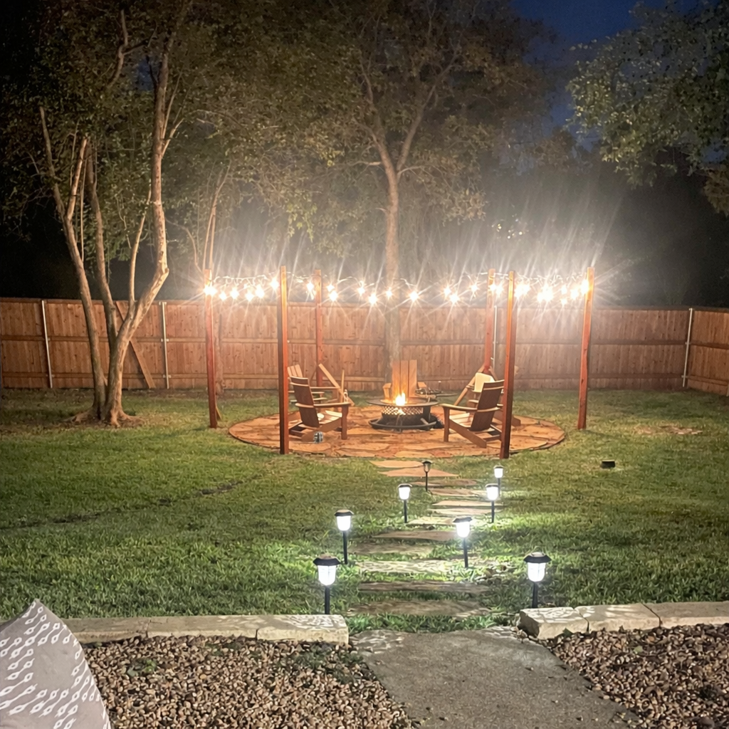Cozy outdoor fire pit with large back yard at Clay Oak Cottage retreat in Waco Texas