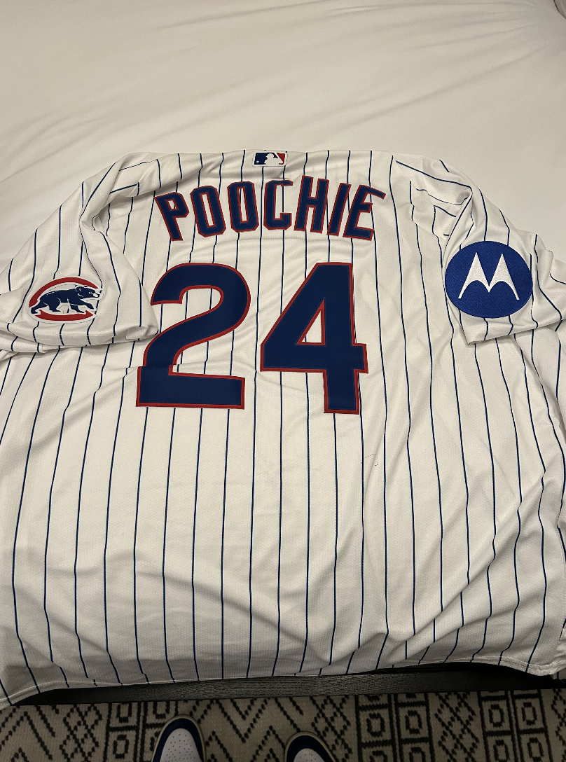 Back of a baseball jersey with the name 'Pochie' and the number 24. The jersey has blue pinstripes on a white background, with logos on the sleeves and small logo at the top center.