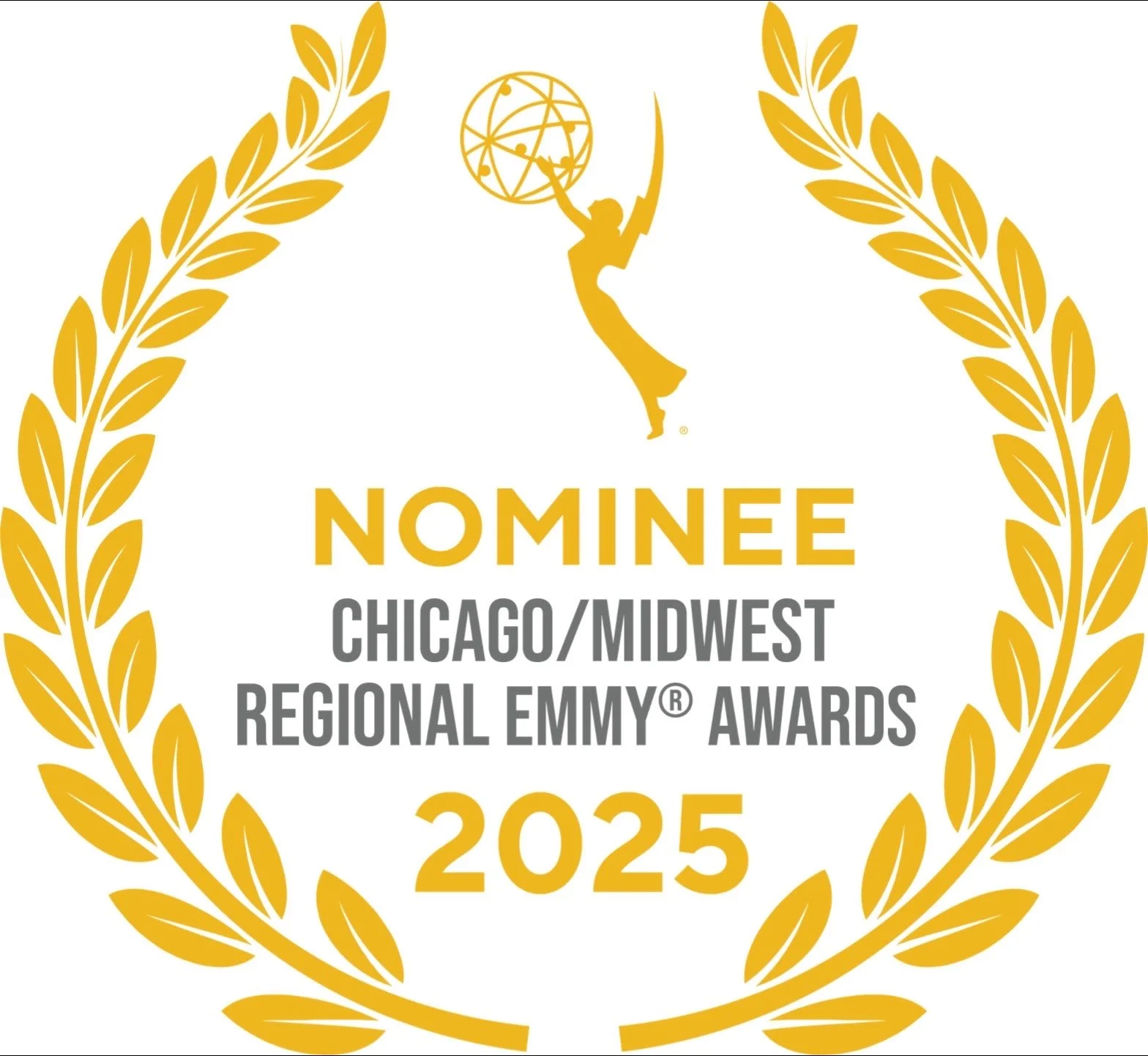 Award emblem for the Chicago/Midwest Regional Emmy Awards 2025, featuring a golden laurel wreath, a stylized figure holding a globe, and bold text indicating nomination.