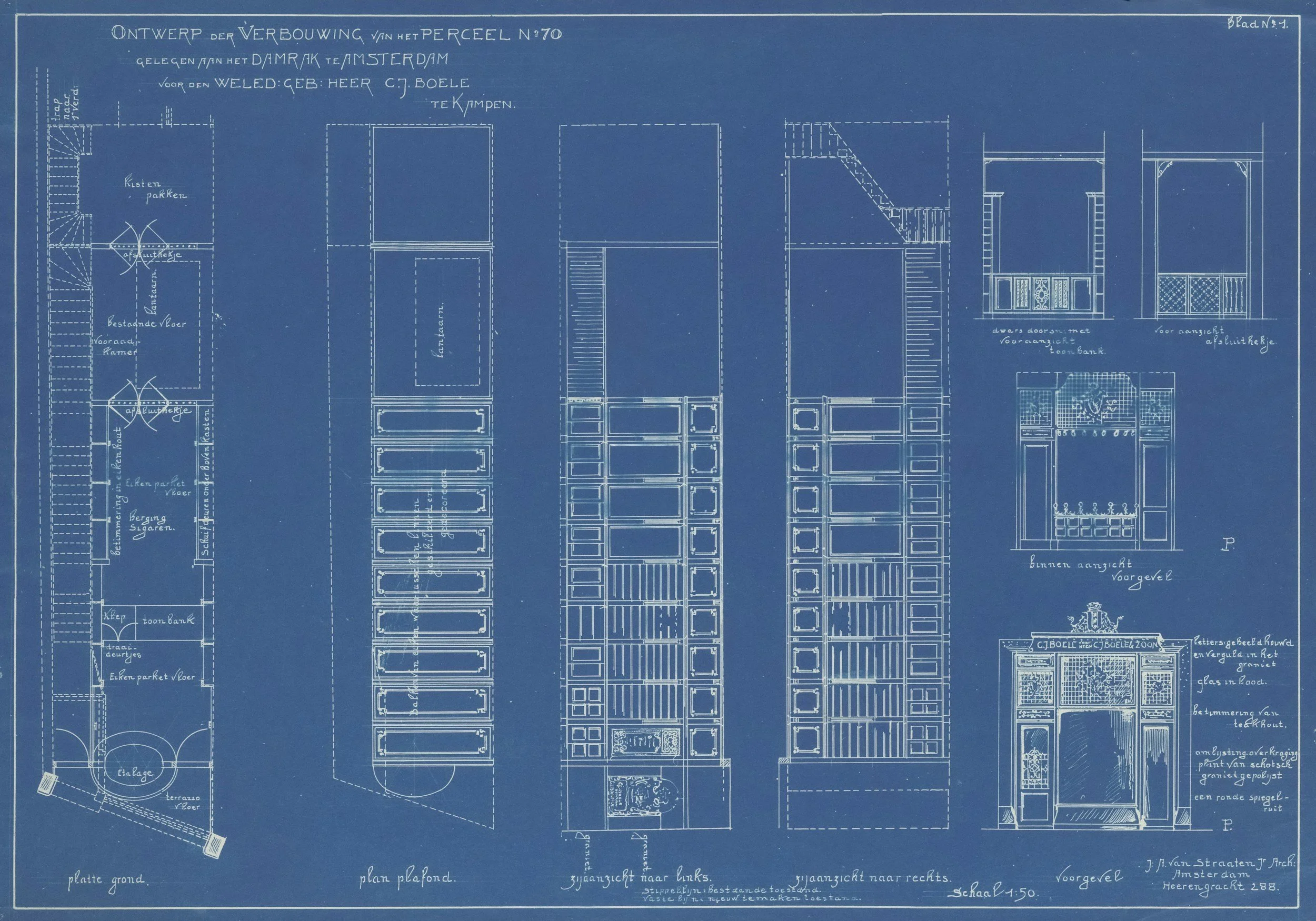 Blueprint drawing of the interior design and construction plan for a building, showing floor plans, elevation views, and detailed sections of the walls and furnishings, created by J. Van Straaten in Amsterdam, 1888.