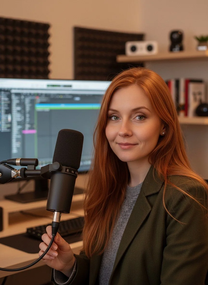 A woman with long red hair sitting in a recording studio with a microphone in front of her, a computer monitor displaying audio editing software behind her, and shelves with books and decorative items in the background.