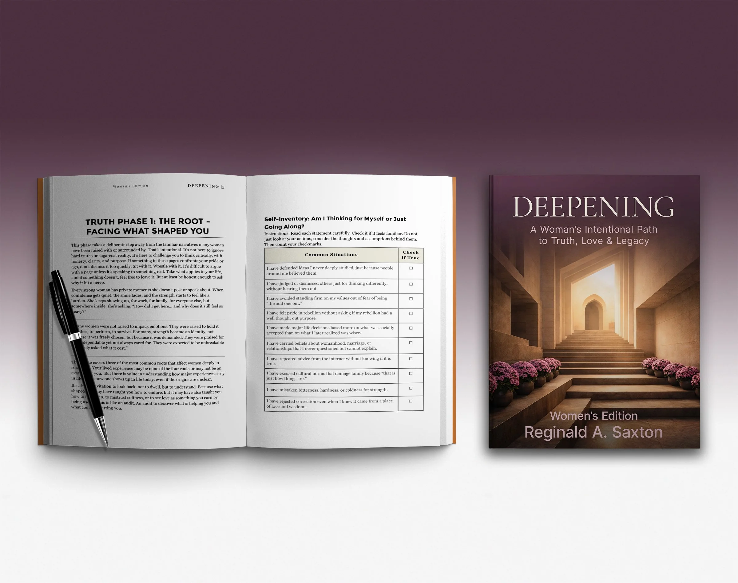Interior pages from the Deepening Women’s Edition workbook, showing guided reflection, self-inventory, and writing space.