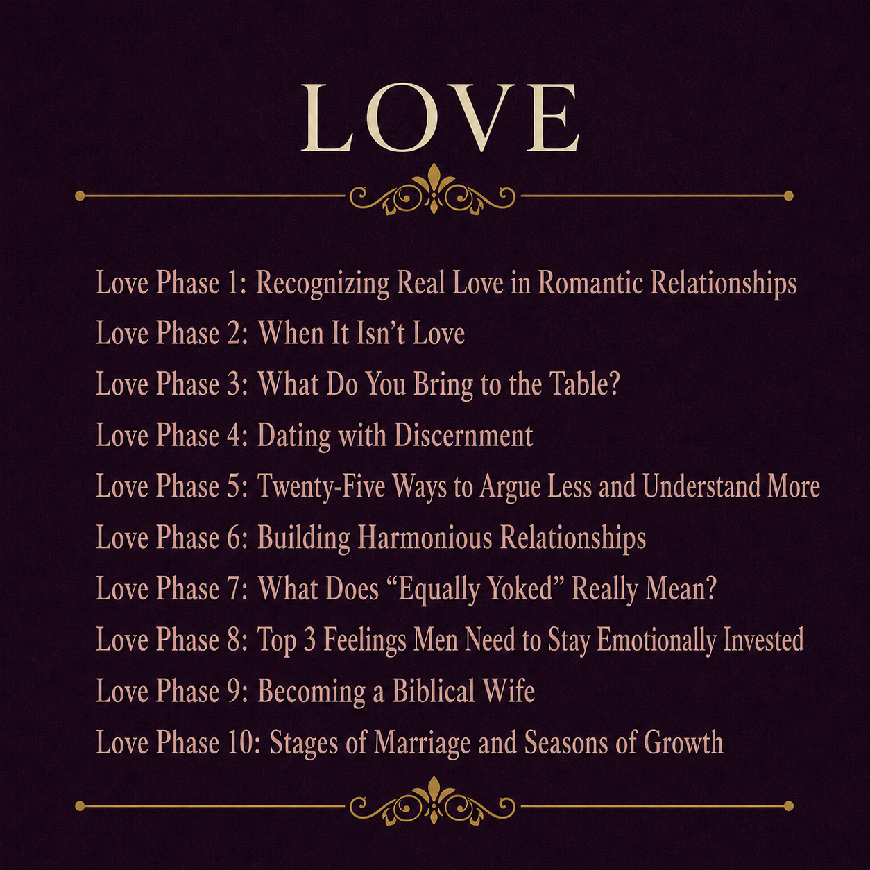 Table of contents preview for the Love section of Deepening Women’s Edition, featuring relationship discernment, communication, marriage preparation, and love with wisdom.