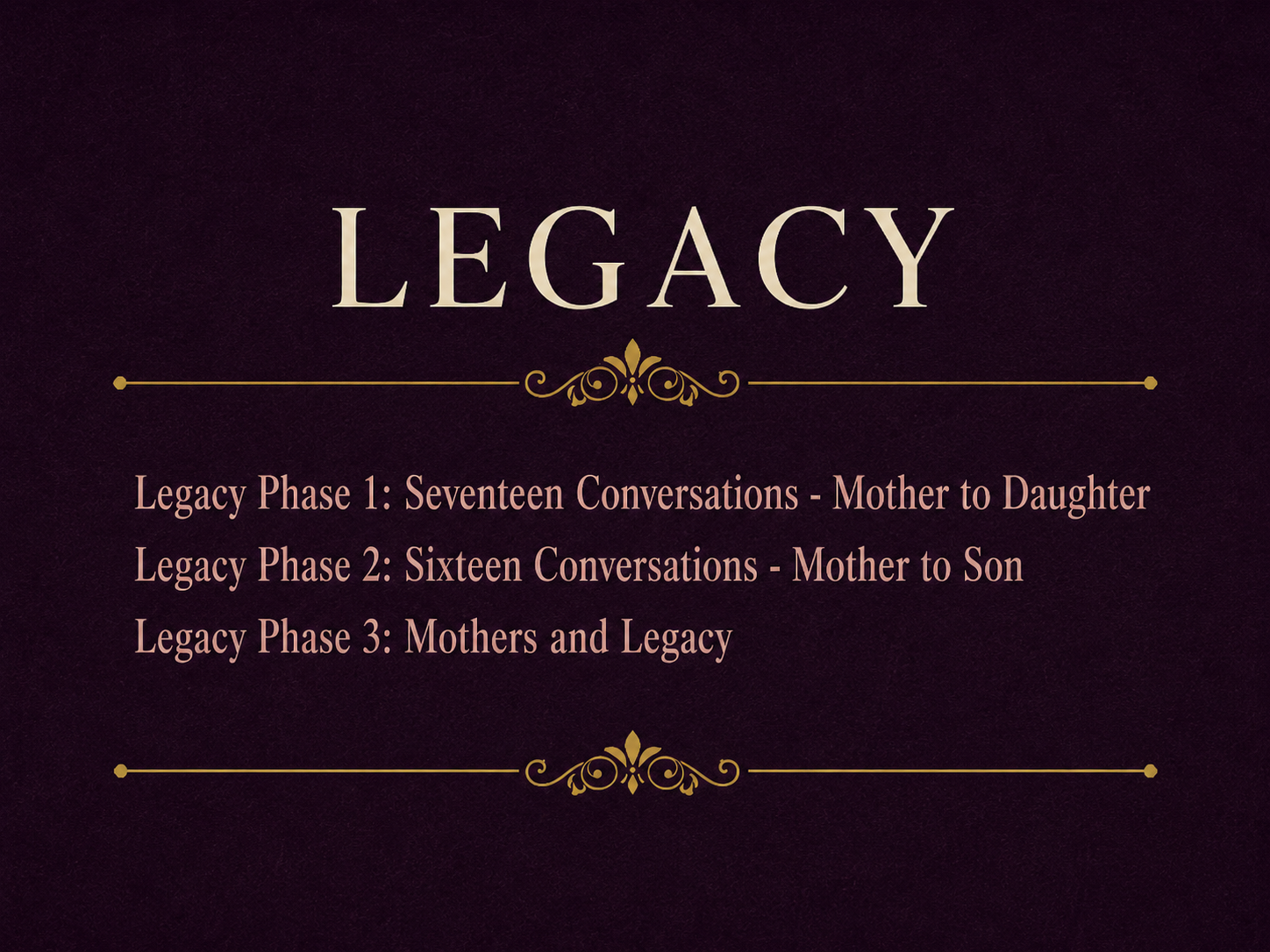 Table of contents preview for the Legacy section of Deepening Women’s Edition, focused on motherhood, family wisdom, generational impact, and lasting legacy.