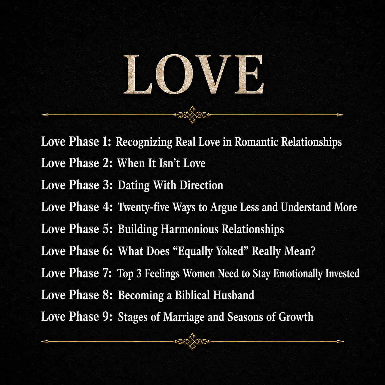 Table of contents preview for the Love section of Deepening Men’s Edition, featuring relationship direction, communication, marriage preparation, and love with wisdom.