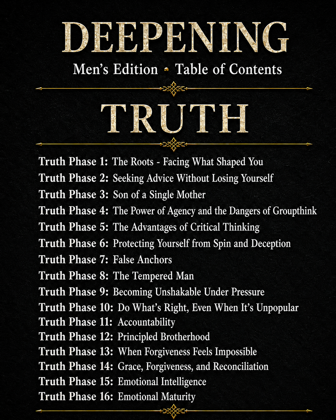 Table of contents preview for the Truth section of Deepening Men’s Edition, highlighting protecrion from spin and deception, discipline, brotherhood, emotional maturity, wisdom, forgiveness, and personal growth.