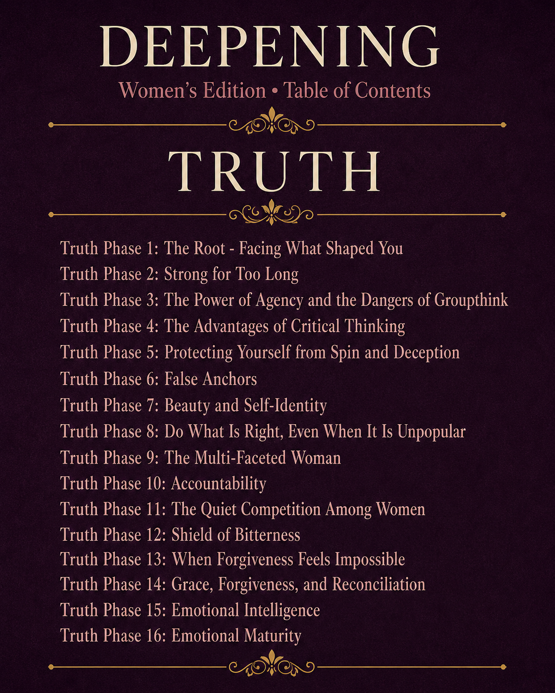 Cover-style table of contents overview for the Truth section of Deepening Women’s Edition, showing the 16 phases covering personal agency, critical thinking, self identity, accountability, and forgiveness