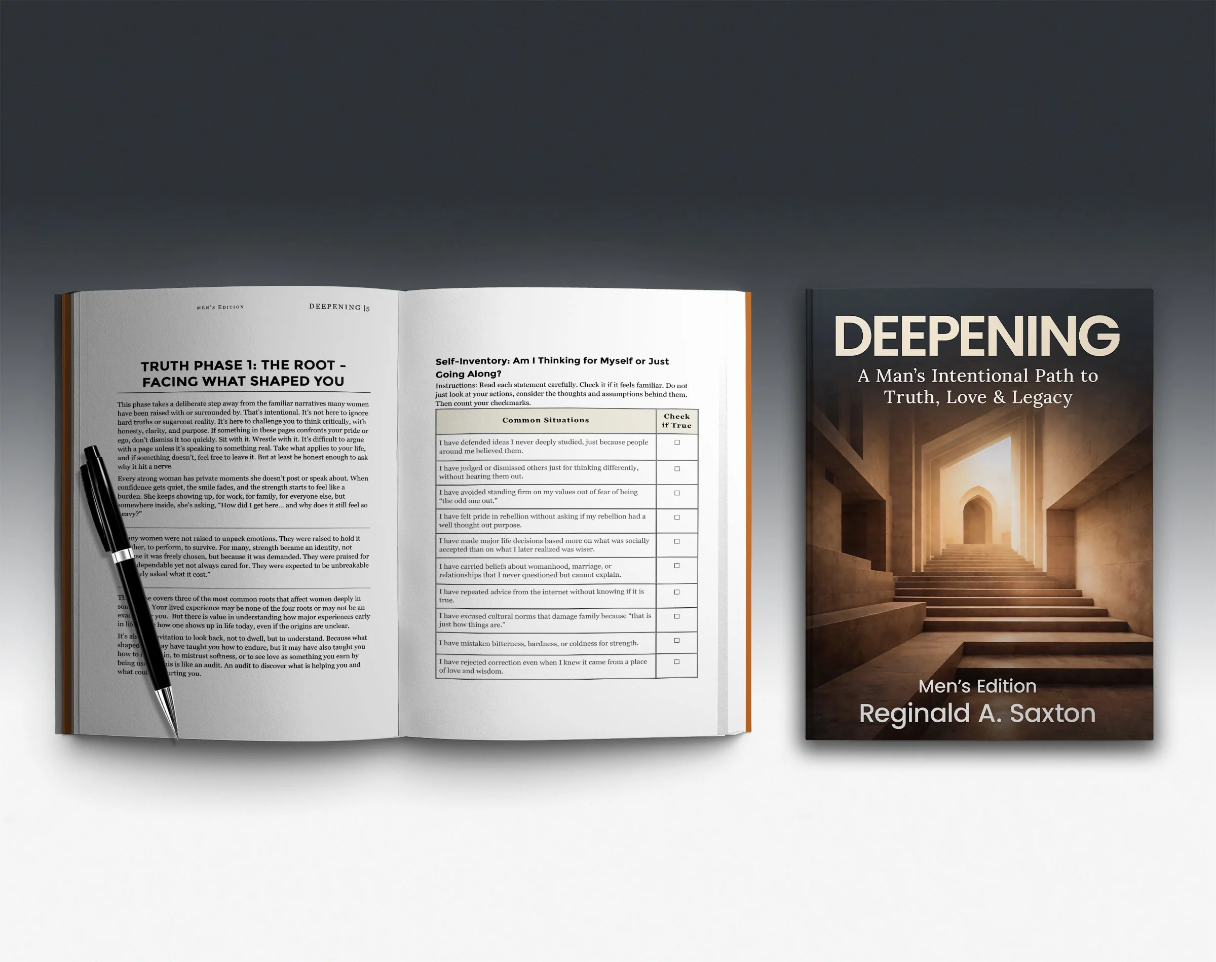 Interior pages from the Deepening Men’s Edition workbook, showing guided questions, worksheets, and reflection space.
