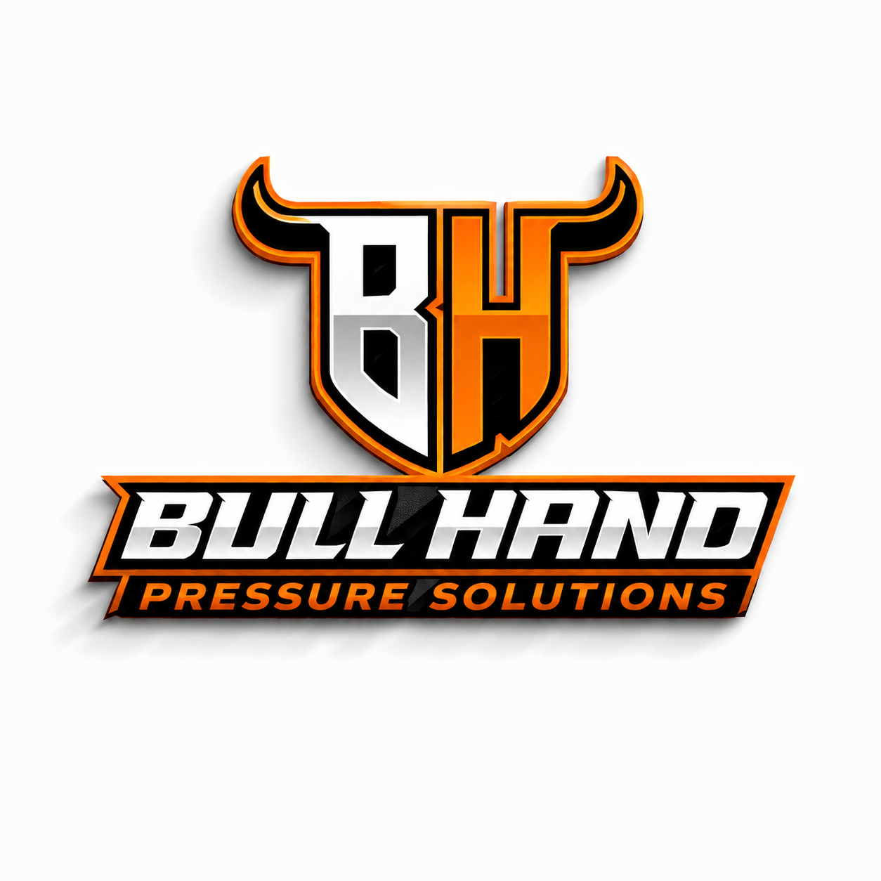 Logo of Bull Hand Pressure Solutions, featuring a shield with stylized 'B' and 'H' with bull horns, in black, white, and orange colors.