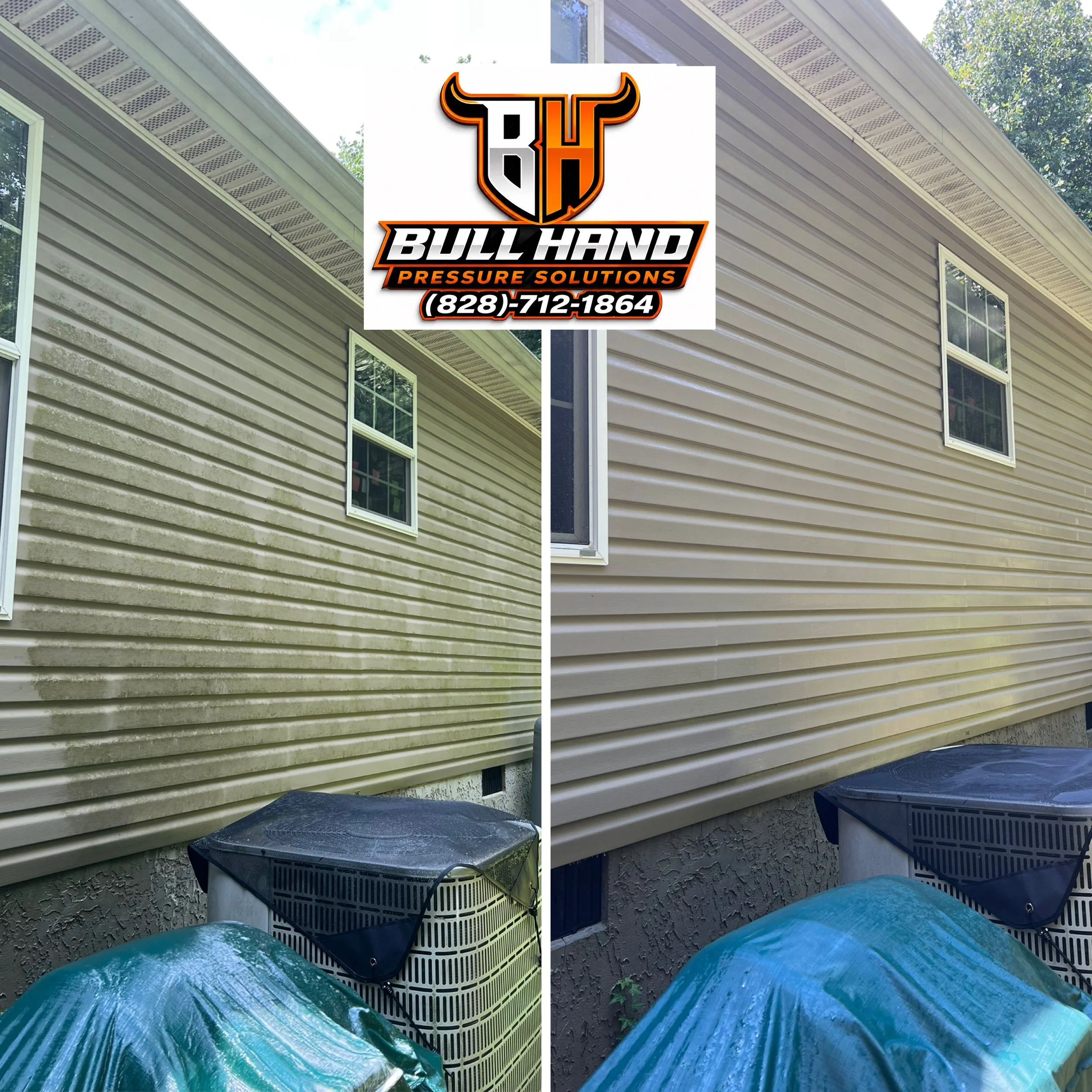 Comparison of house siding before and after cleaning, with a logo for Bull Hand Pressure Solutions and a phone number in the center of the image.