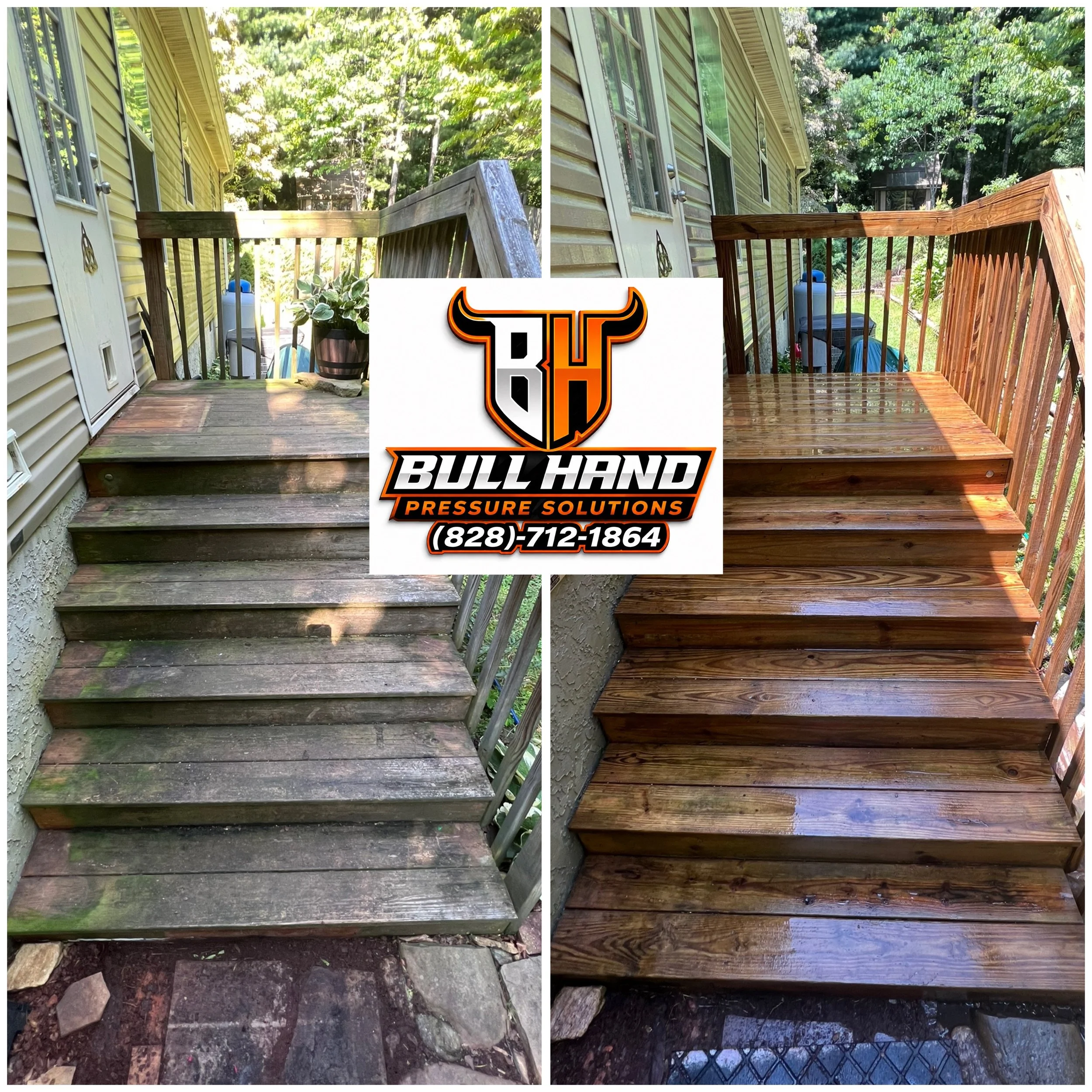 Comparison of a wooden deck stairway before and after pressure washing, with the left side showing grime and moss, and the right side showing clean, newly stained wood. The background features green trees and a backyard.