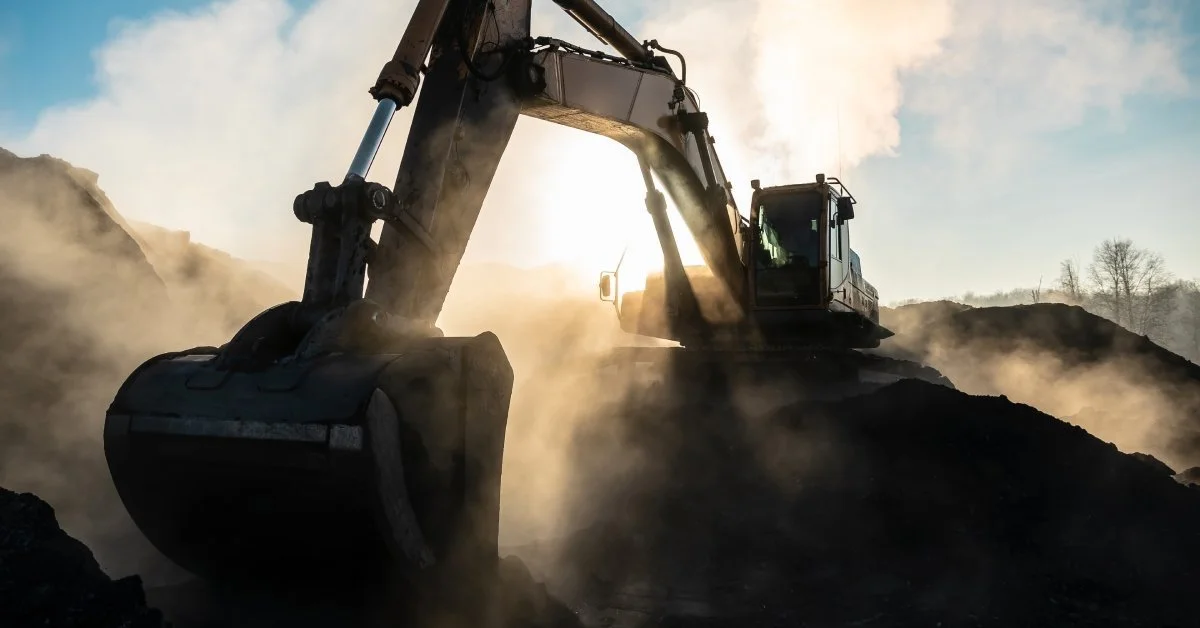 Excavator digging into soil at sunset with dust clouds around.