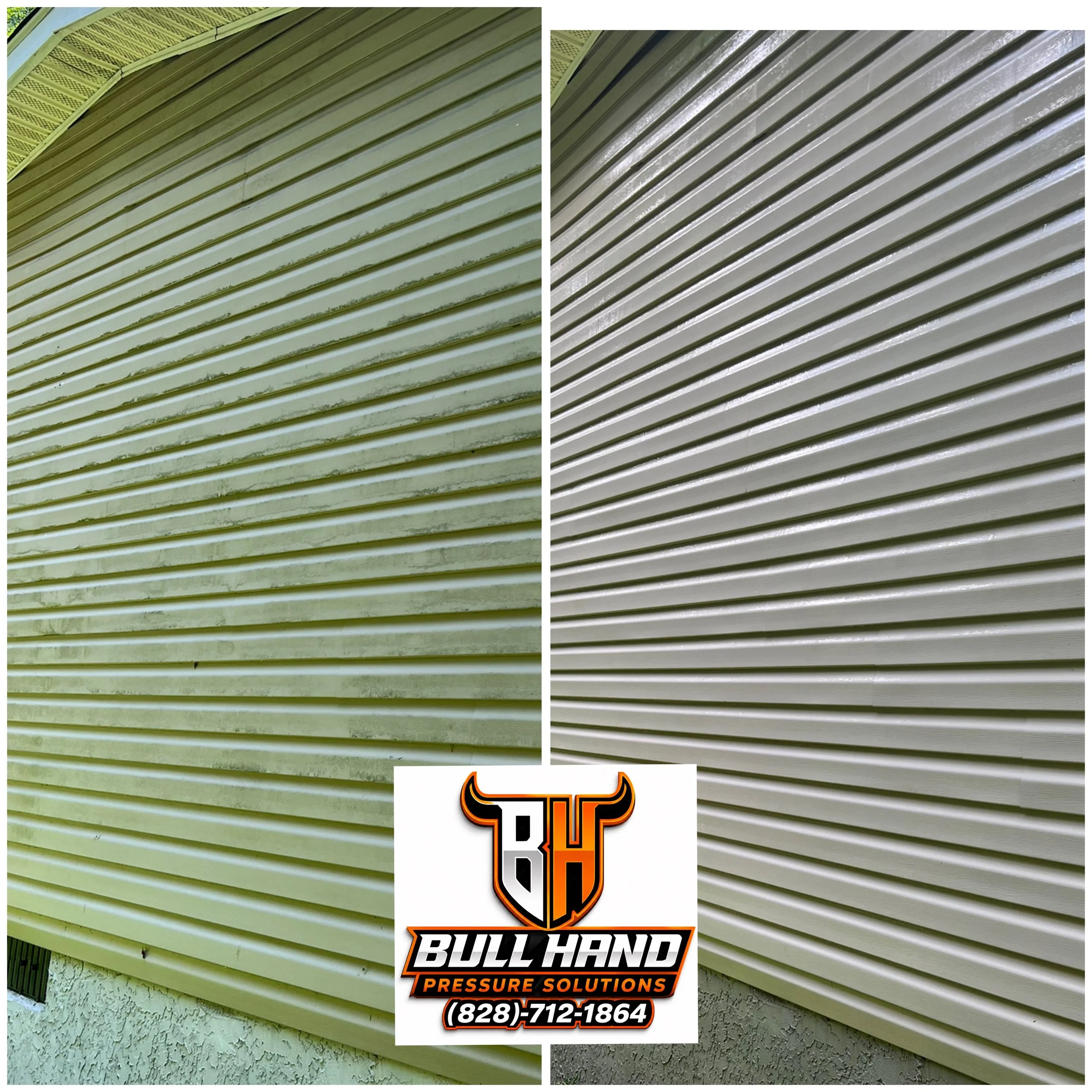 Comparison of a beige vinyl siding before and after cleaning. The left side shows dirty, stained siding, while the right side shows clean, bright siding. The image includes a logo for Bull Hand Pressure Solutions and a phone number.
