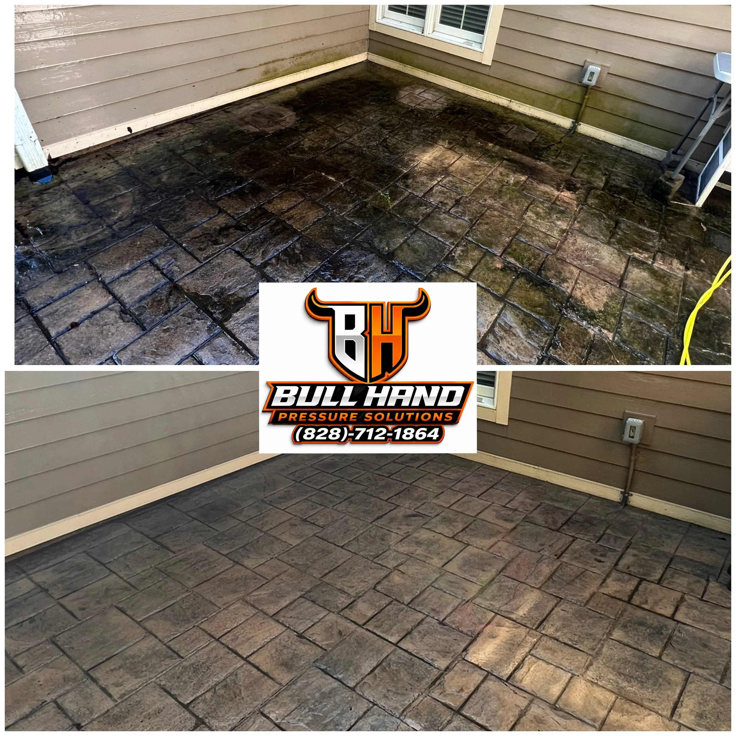 A small outdoor patio area with dark, stained concrete or stone pavers. The patio is partially wet or recently cleaned, with some moss or dirt buildup along the edges near the house siding. There are windows, an outdoor electrical outlet, and a folda