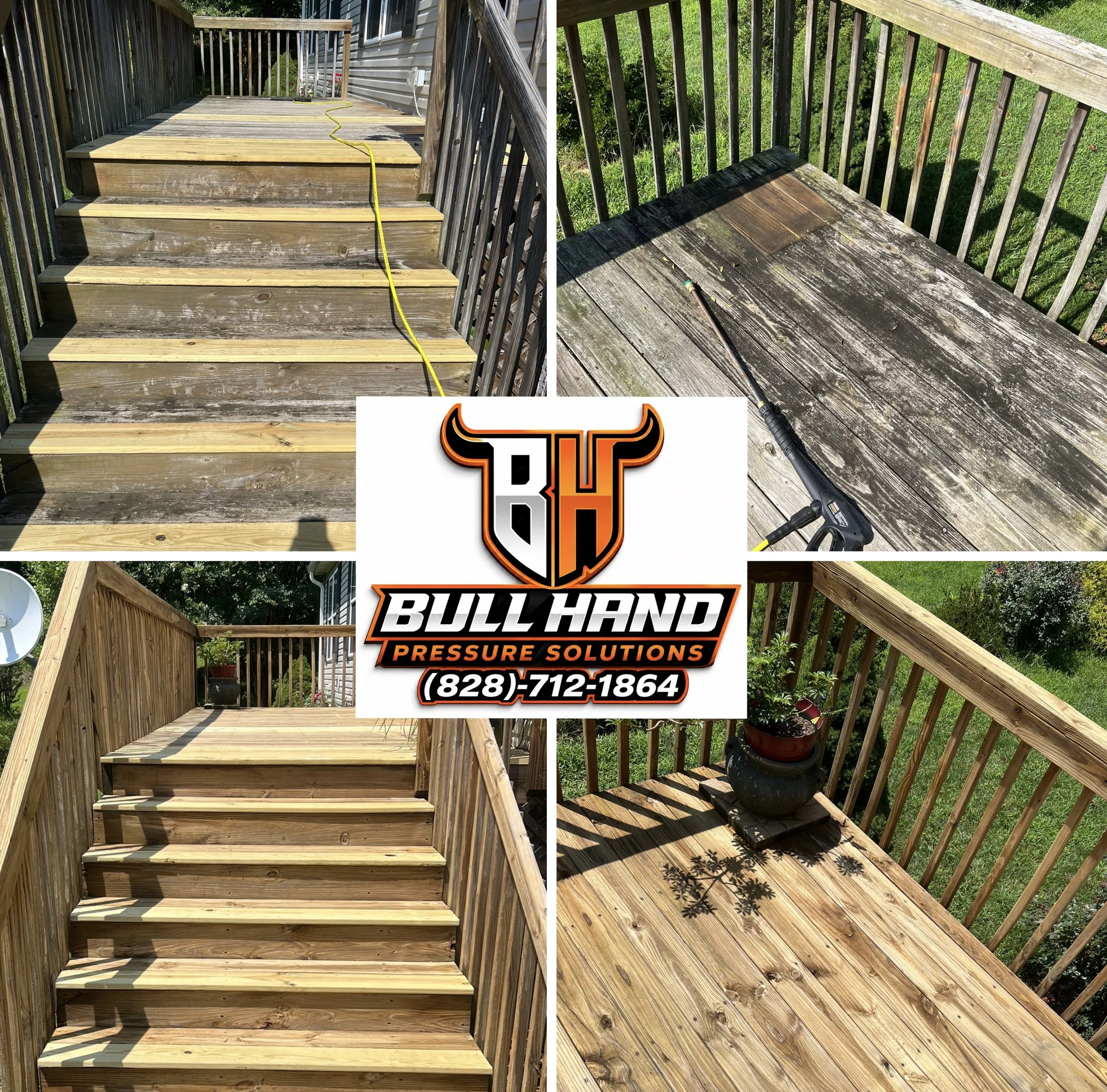 Side-by-side comparison of two wooden decks, one in the process of construction with new wood steps and the other weathered and aged wood with a pressure washer nearby.